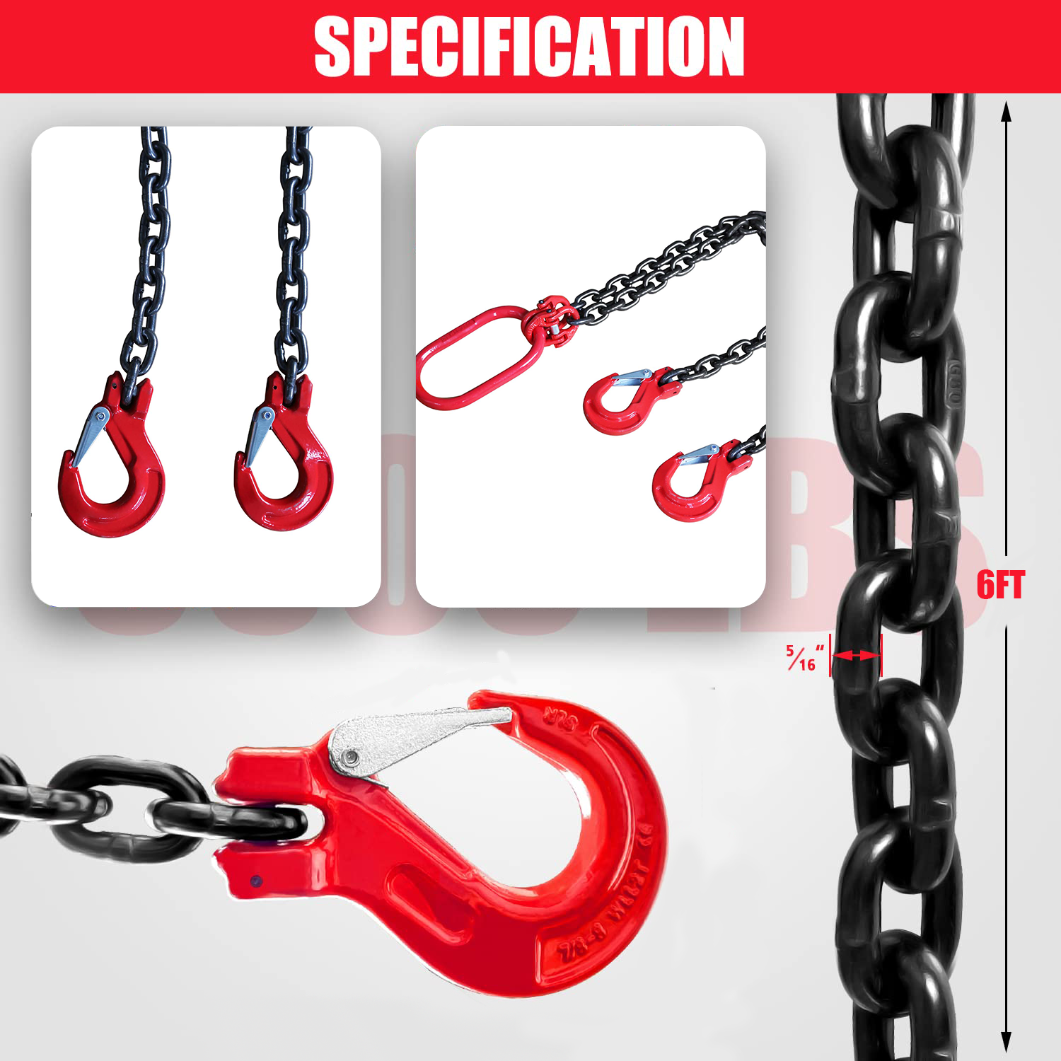One 5/16" x 6' G80 Chain Lifting Sling 2 Legs 3T/6600lbs Capacity w/Grab Hooks