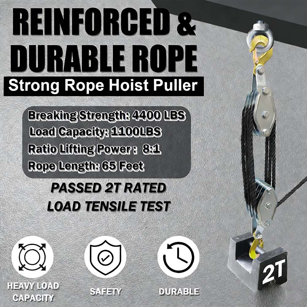 Rope Pulley Hoist 4400 LB 8:1 Lifting Power Pulley Block Tackle System 65FT Rope