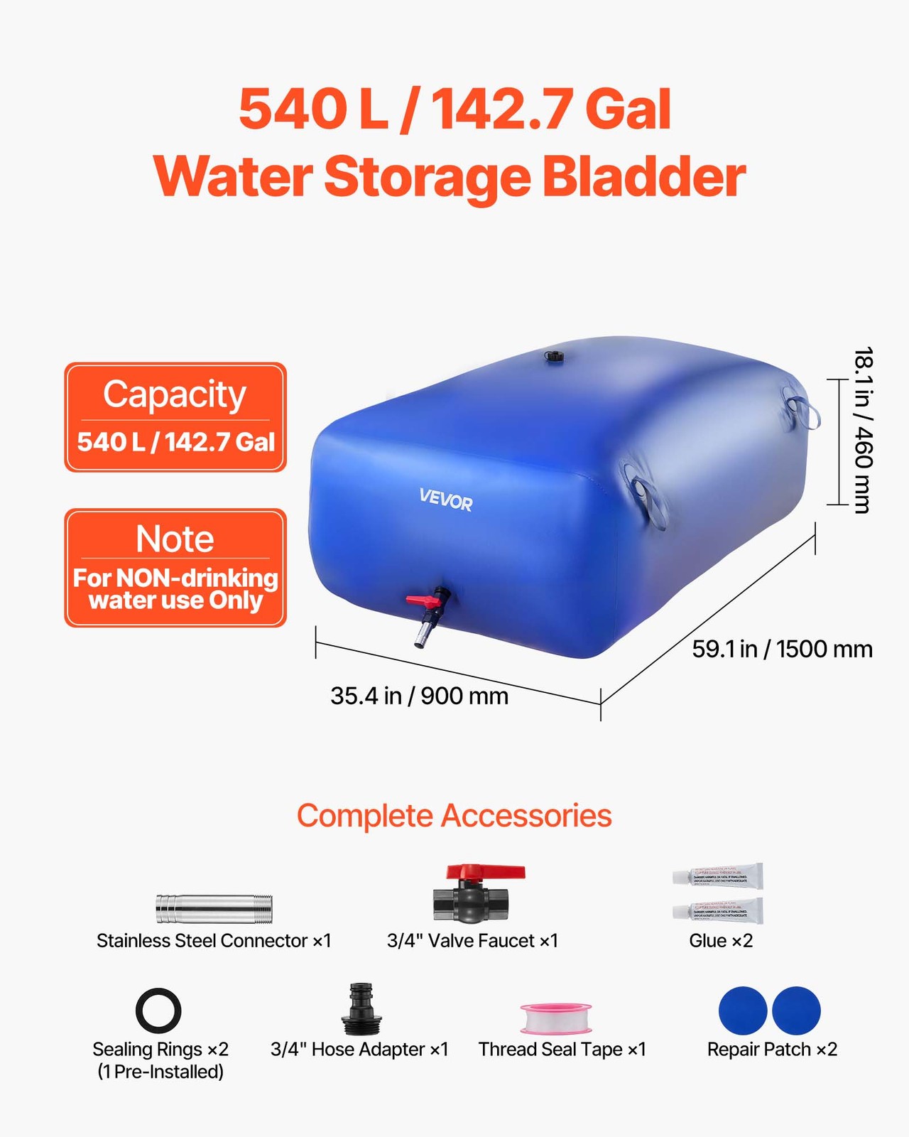 VEVOR 142.7 Gal Collapsible Water Storage Bladder 1000D PVC Water Storage Bag