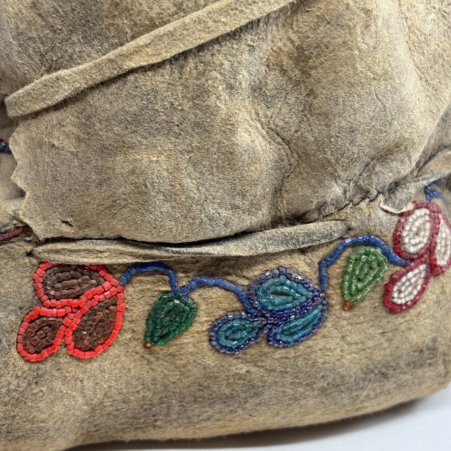 1920s Cree Native American Moccasins High-Top Beaded Pucker Toe Soft-Soled