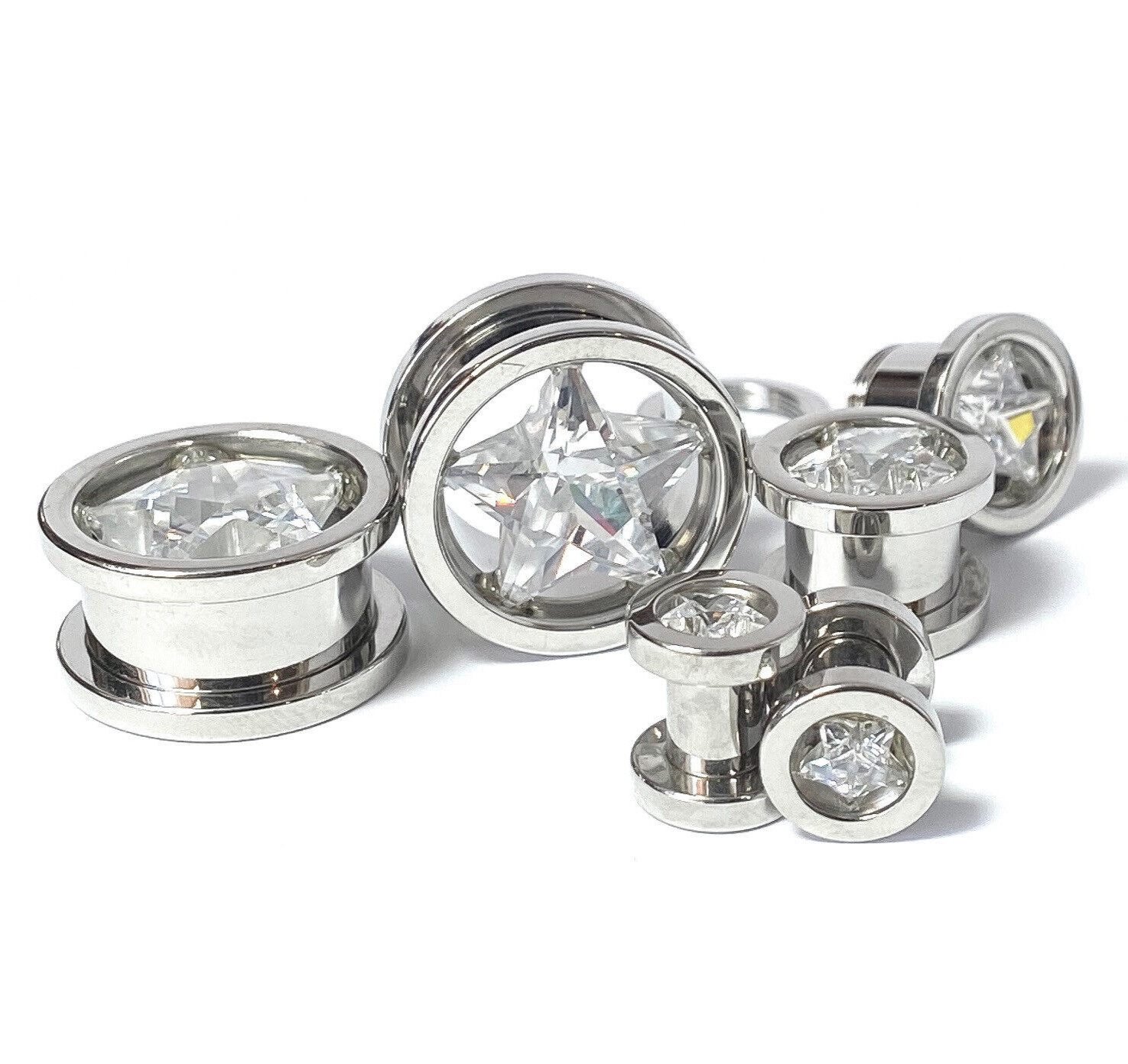 PAIR Star CZ Gem Screw Fit Tunnels Plugs Gauges Earlets Body Jewelry Piercing