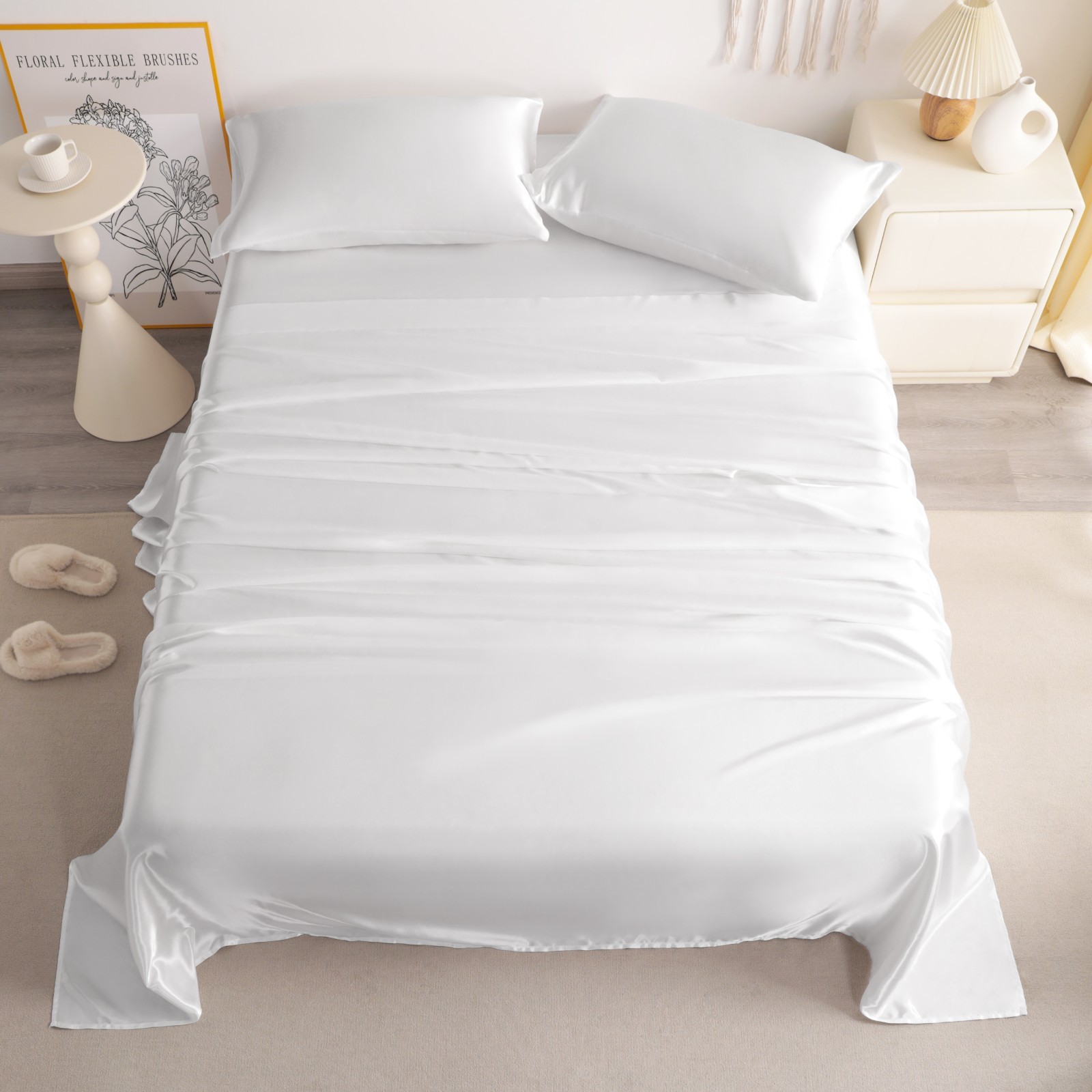 4 Pcs Lustrous Satin Silk Sheet Set Deep Pocket Bed Sheet Wrinkle Fade Resistant