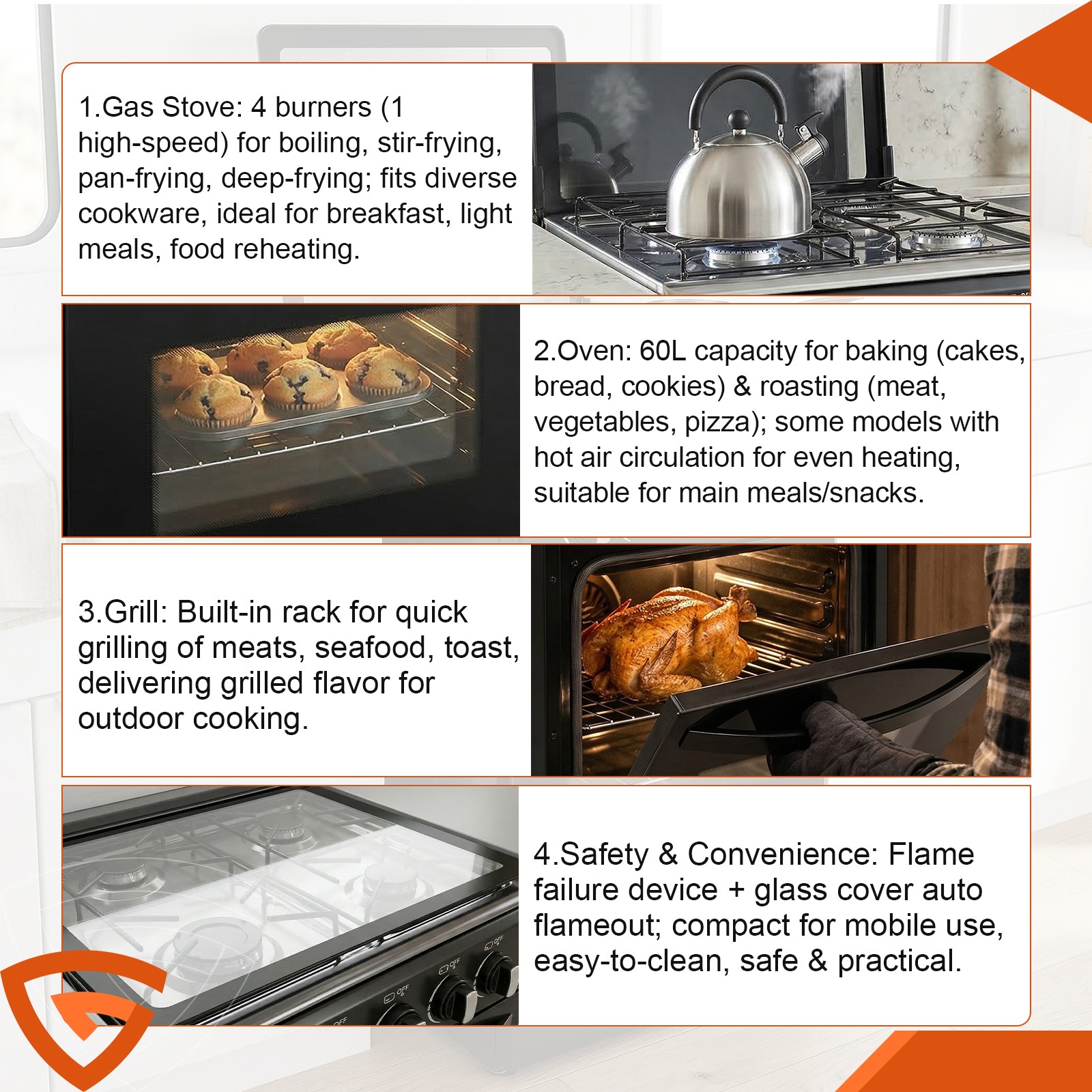 RV Gas Range 31" Tall Propane Range Oven with 4 Burners Stove for RV Apartment