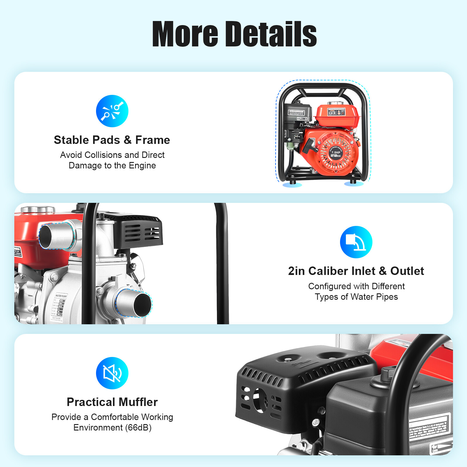7.5 HP 2" Portable Gas-Powered Semi-Trash Water Pump Gasoline Water Pump 212CC