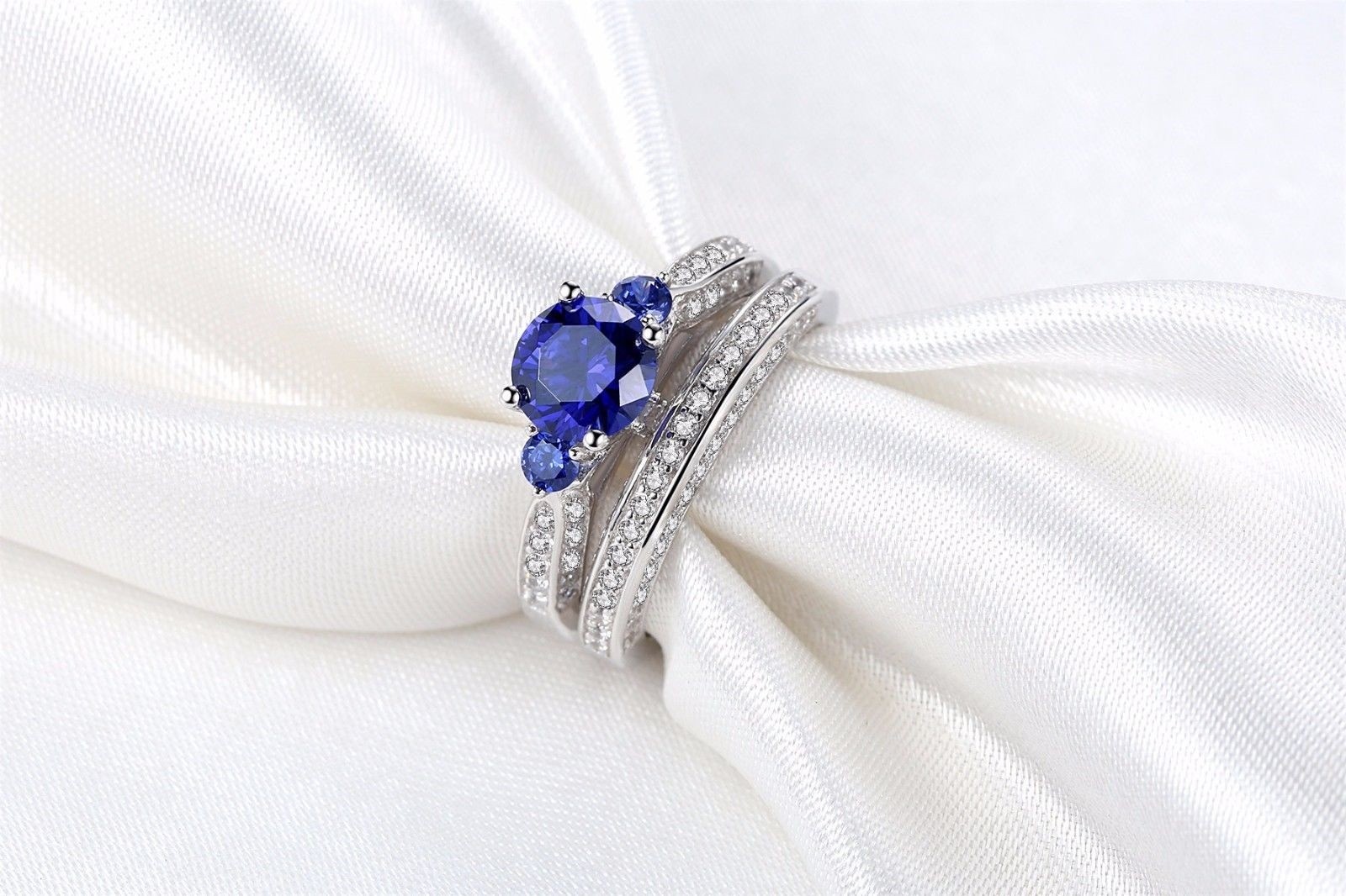 Womens Blue Sapphire Vintage Sterling Silver Bridal Wedding Engagement Ring Set