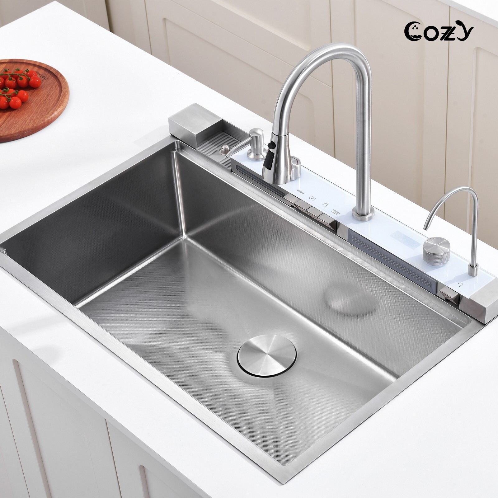 Cozy 33x22" Multifunctional Overmount Kitchen Sink Faucet Combo Brush Nickel