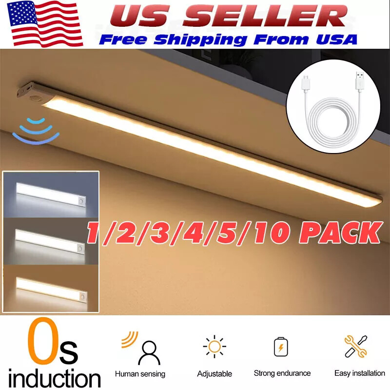 1/10xWireless LED Motion Sensor Light Strip Cabinet Lamp Closet USB Rechargeable