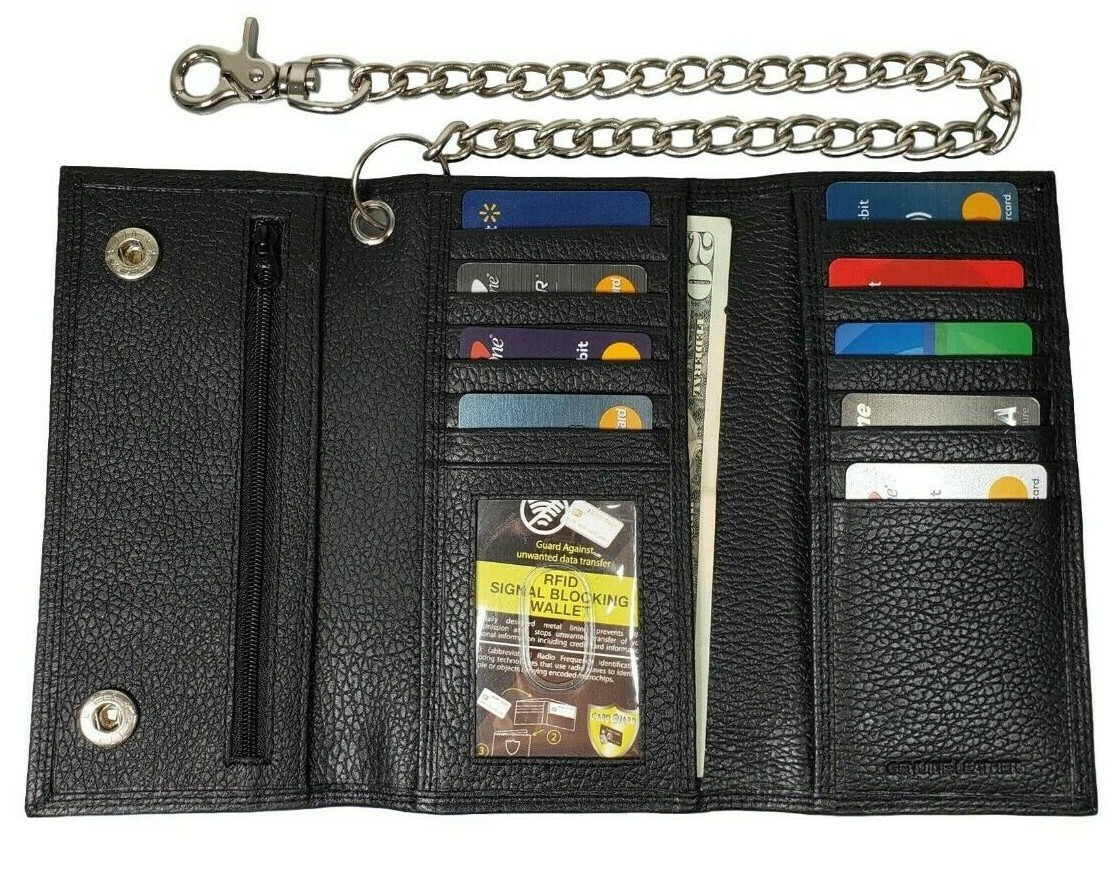 Black Leather Trifold Chain Motorcycle Biker Trucker Long Wallet With Belt Hook