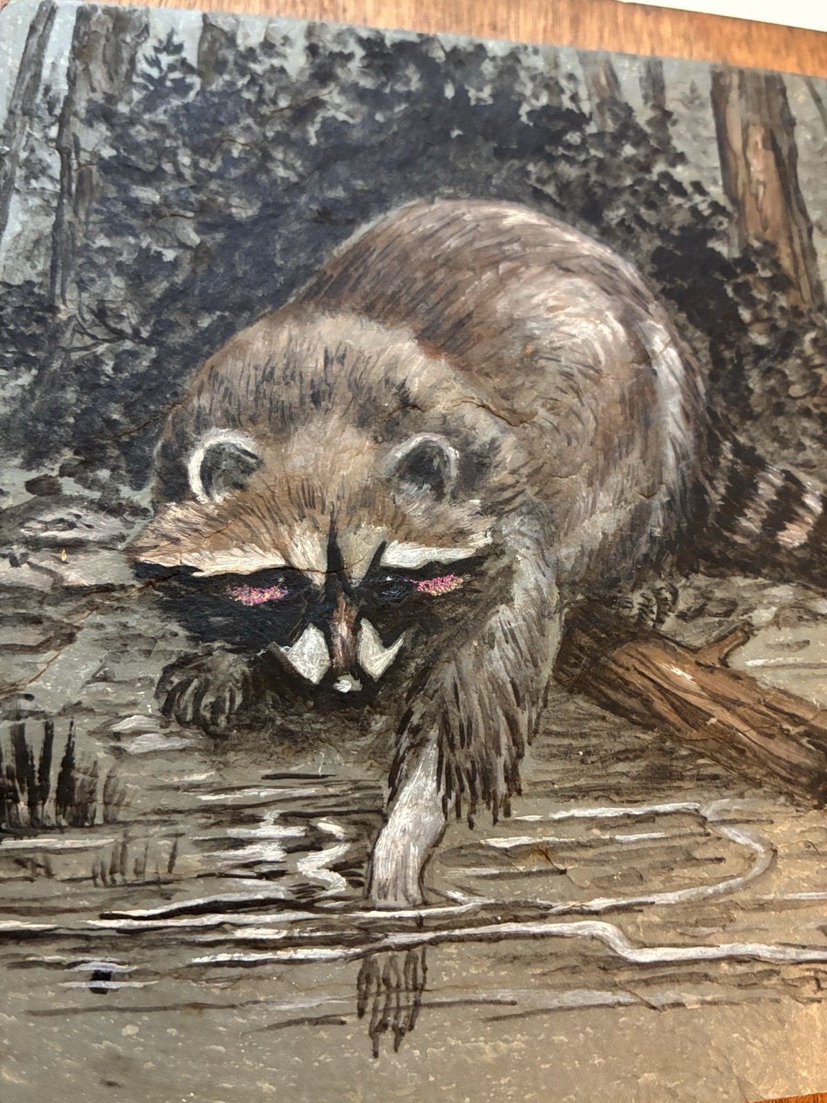 Esther Druck Raccoon Creek Painting Art Slate Tile Signed Wildlife Hand Painted