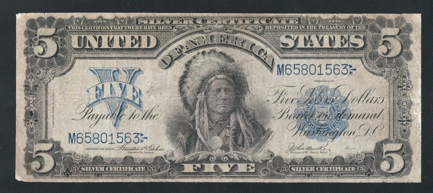 BEAUTIFUL RARE TAHEE/BURKE $ 5 CHIEF ONEPAPA SILVER CERTIFICATE.