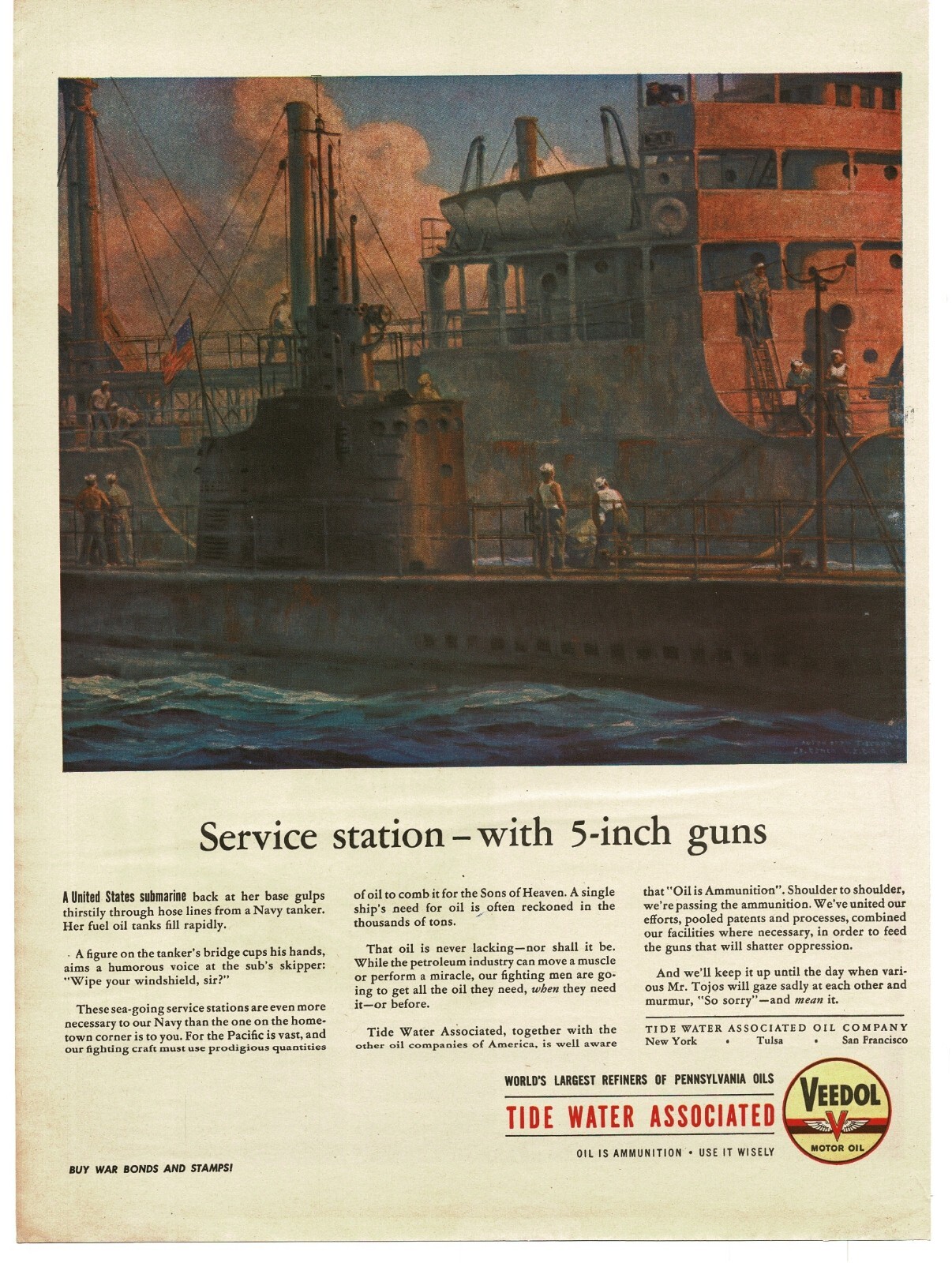 1944 Veedol Oil WWII Submarine Refuels From Tanker art Vintage Print Ad