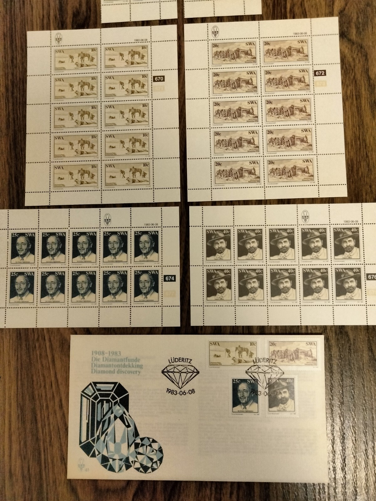 South West Africa 1983 Discoverers of Diamonds, Full Sheets of 10, 1st Day Cover