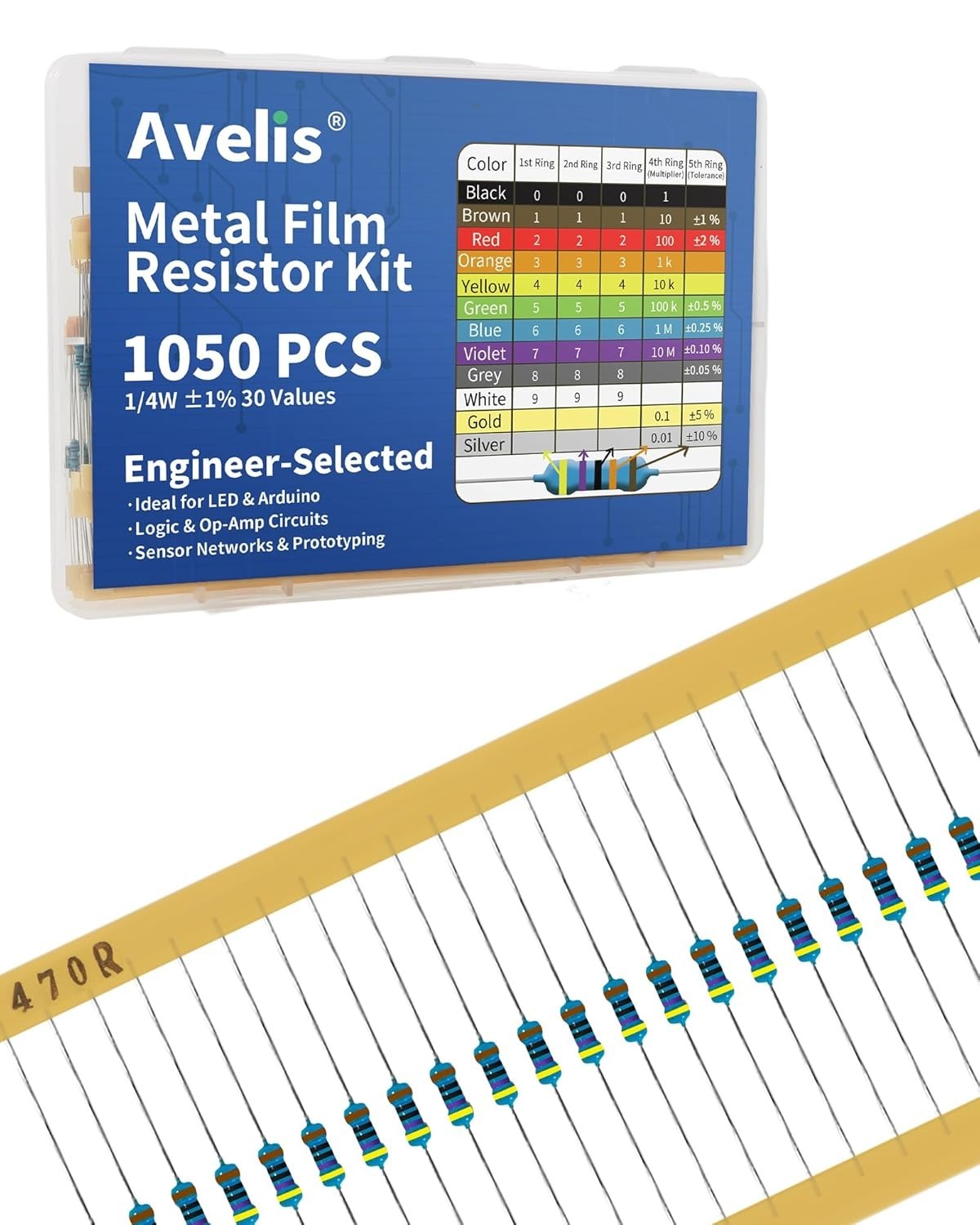 1050 Pcs 30 Values Resistor Kit 1/4 W +-1% Metal Film Fixed Resistors Assortment