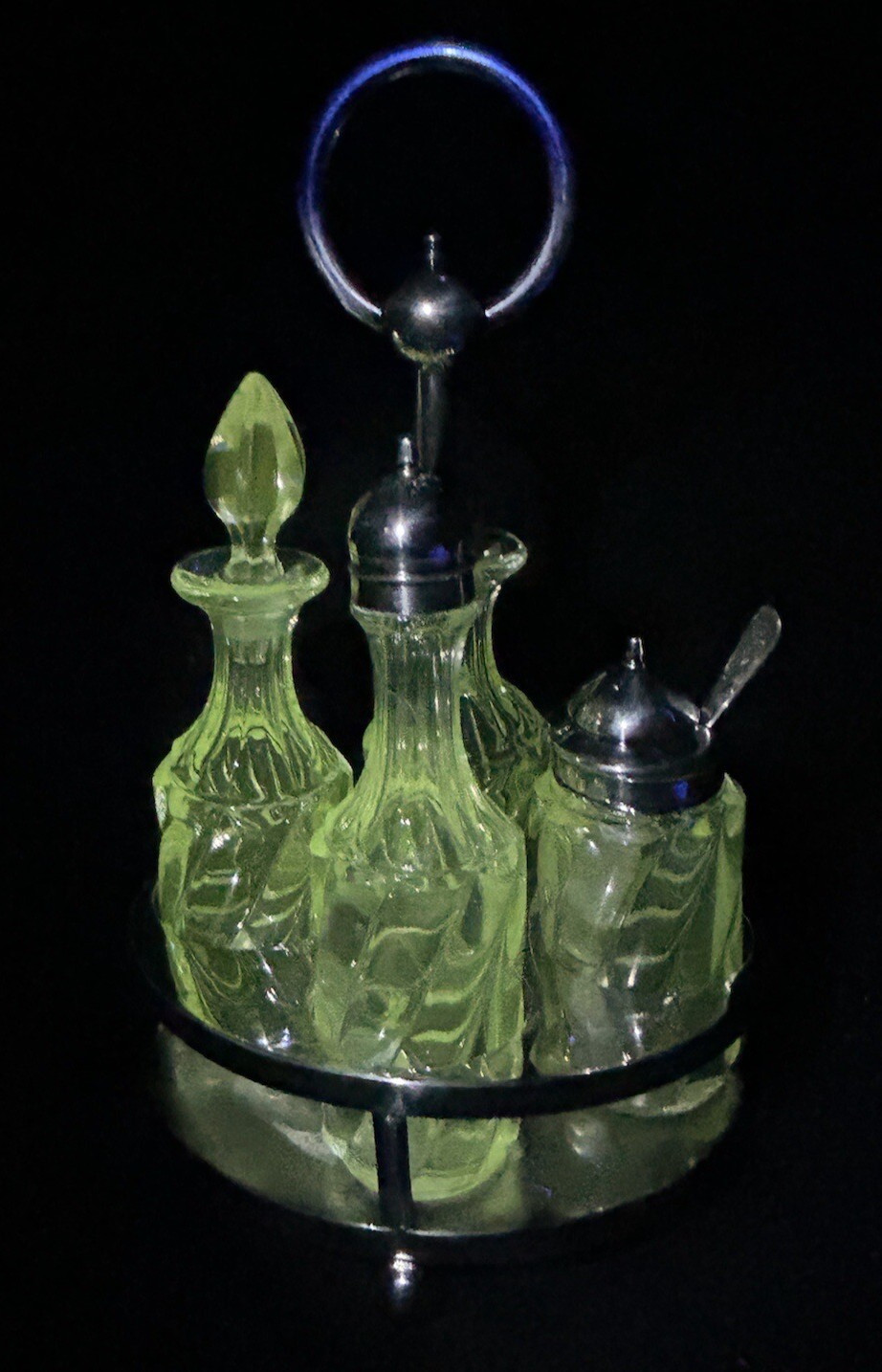 RARE Antique Manganese Glass Cruet Set Meriden Quadruple Plate Caddy c1900 READ