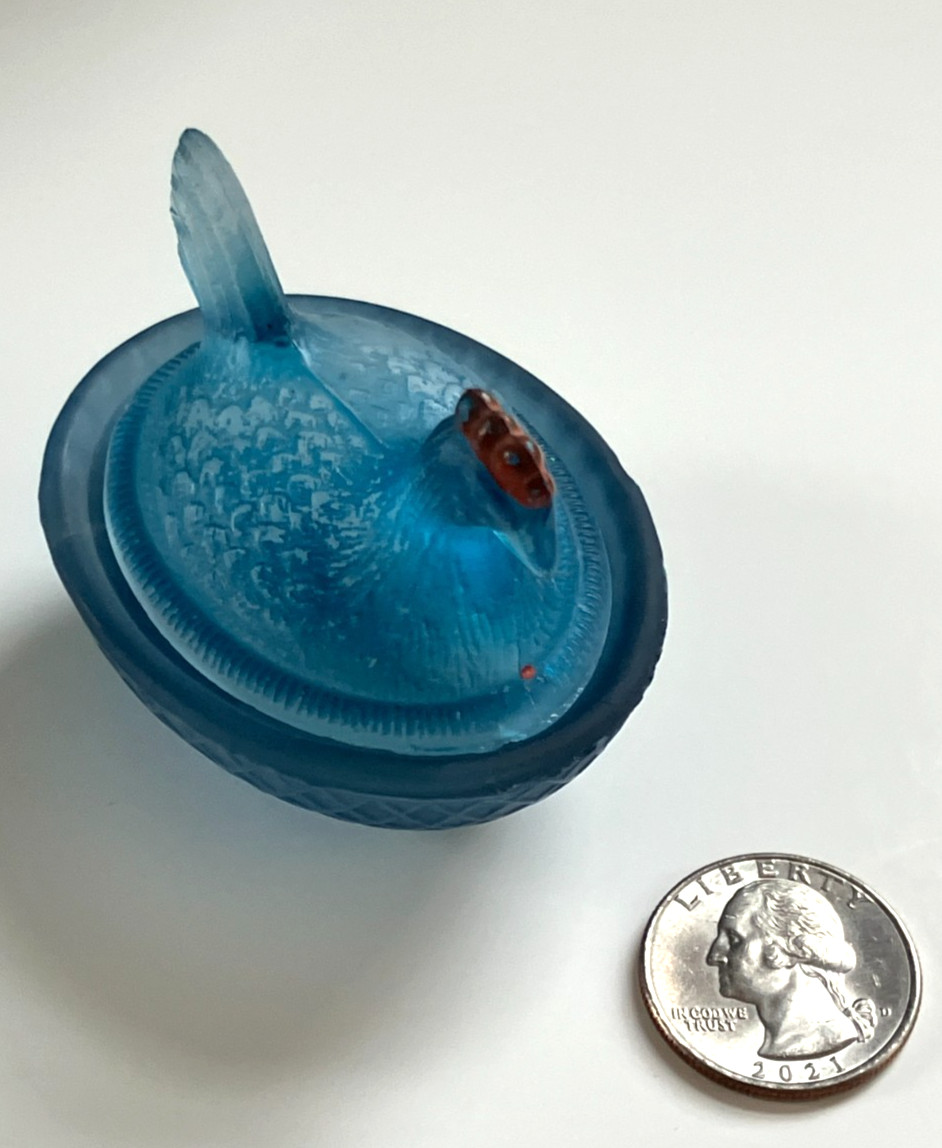 Vintage Small Frosted Blue Glass Hen on Nest Covered Salt Cellar/Salt Dip-Dish