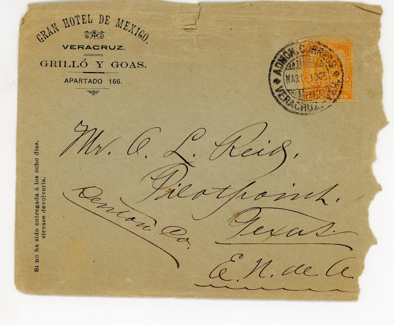 1905 Postal Cover 5C Grand Hotel Mexico Stationary Veracruz Pilot Point Texas TX