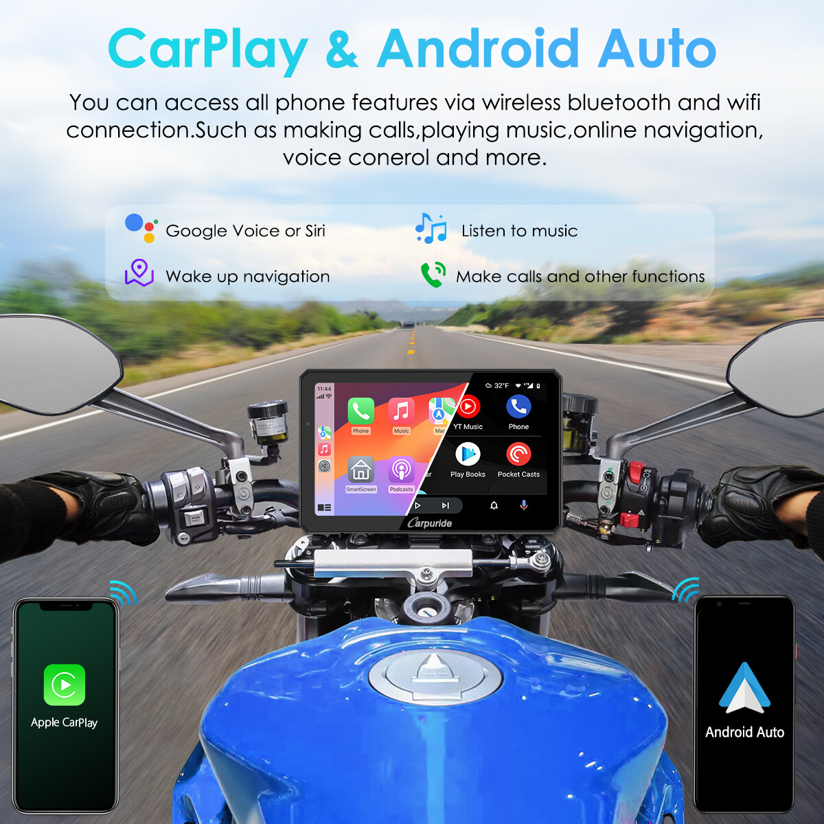 Carpuride W712D Moto Stereo Waterproof Dual Camera Wireless Carplay Android Auto