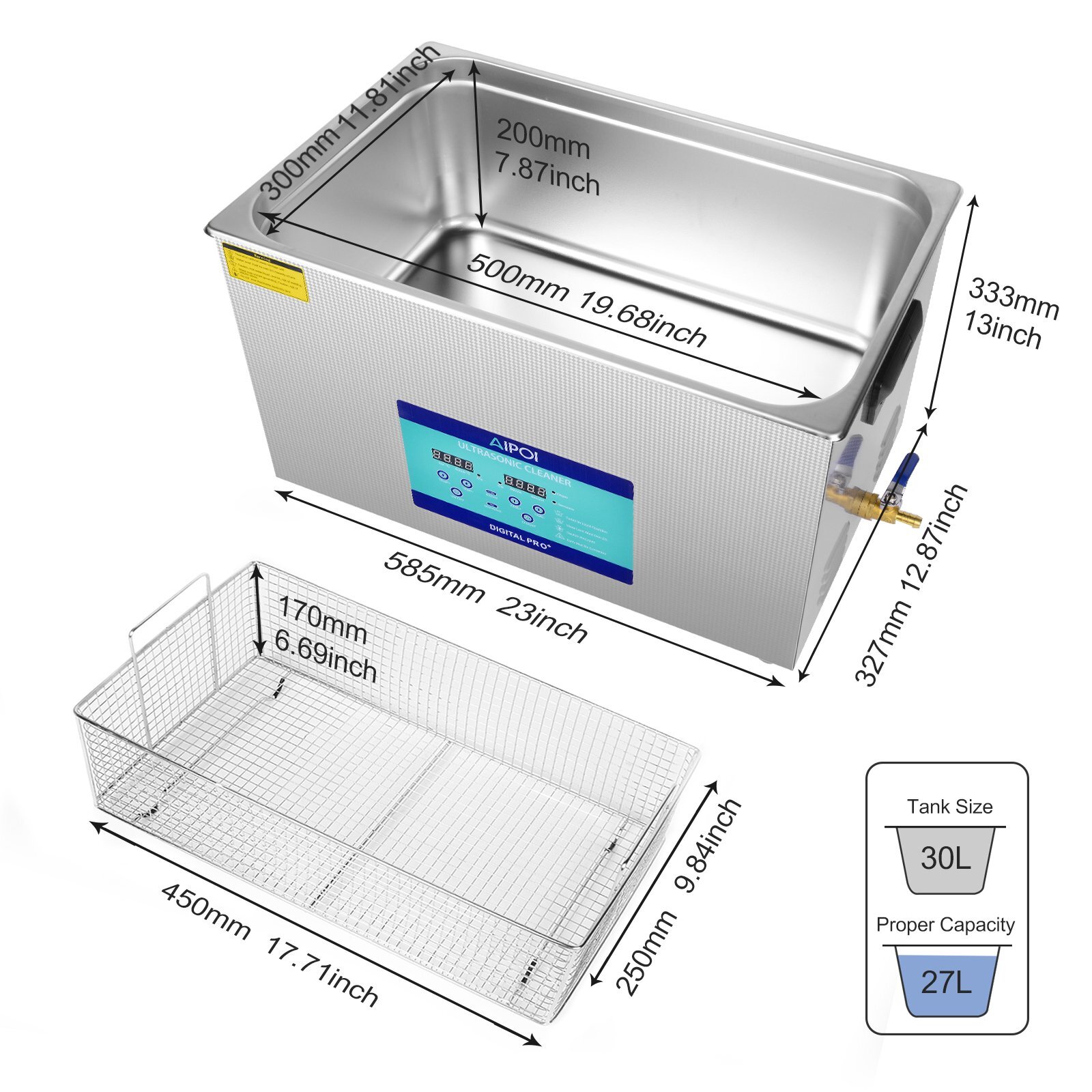 AIPOI Ultrasonic Cleaner 30L Liter Stainless Steel Industry Heated Clean Glasses