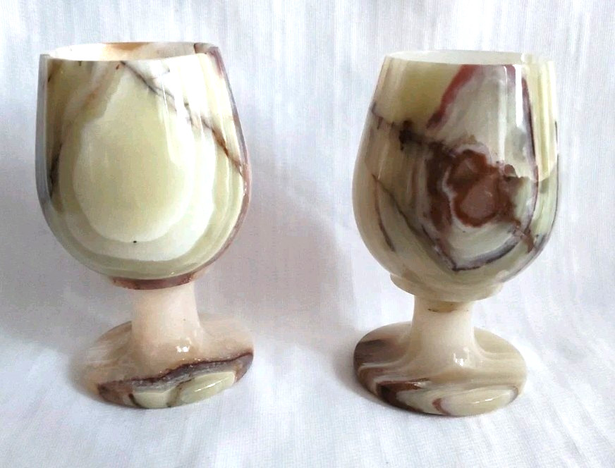 6 Polished Onyx Marble Stemmed Natural Stone 5" Wine Sherry Goblets Chalice Case