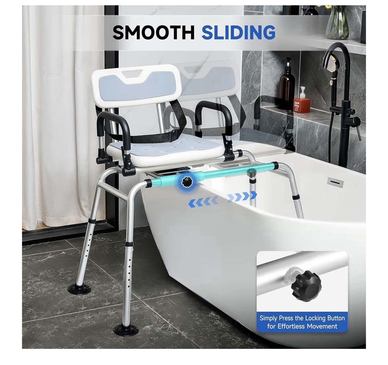 CO-ZSliding Shower Chair with 360° Swivel Seat 12Level Tub Transfer Bench with