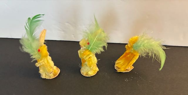 Vintage Set of 3 Chenille Yellow Easter Bunny Rabbits w/Carrot & Feathers Japan