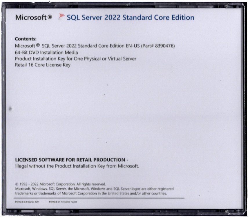 Microsoft SQL Server 2022 Standard with 16 Core License, unlimited User CALs