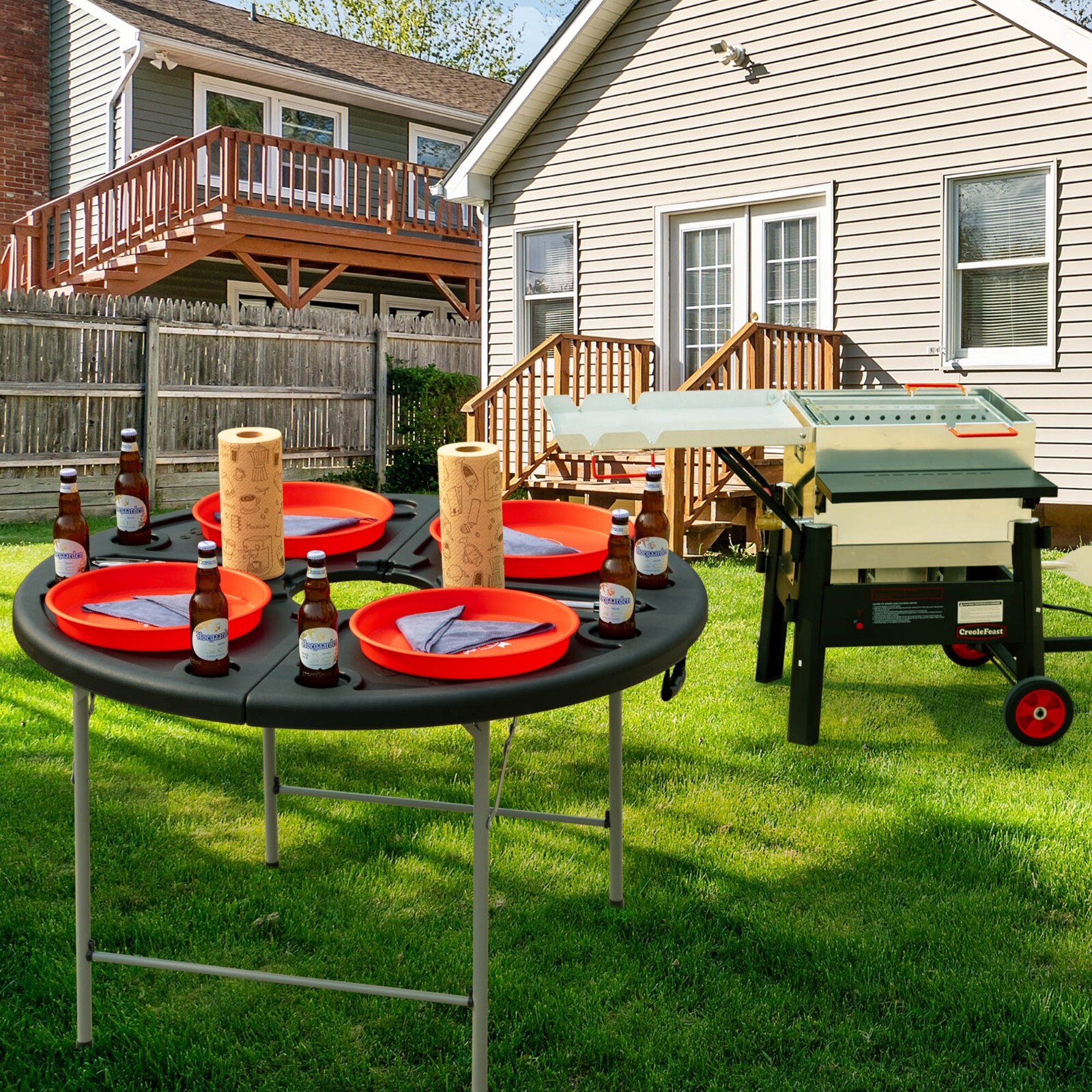 Creole Feast Foldable 47-inch Round Crawfish Table, Portable Table, Black