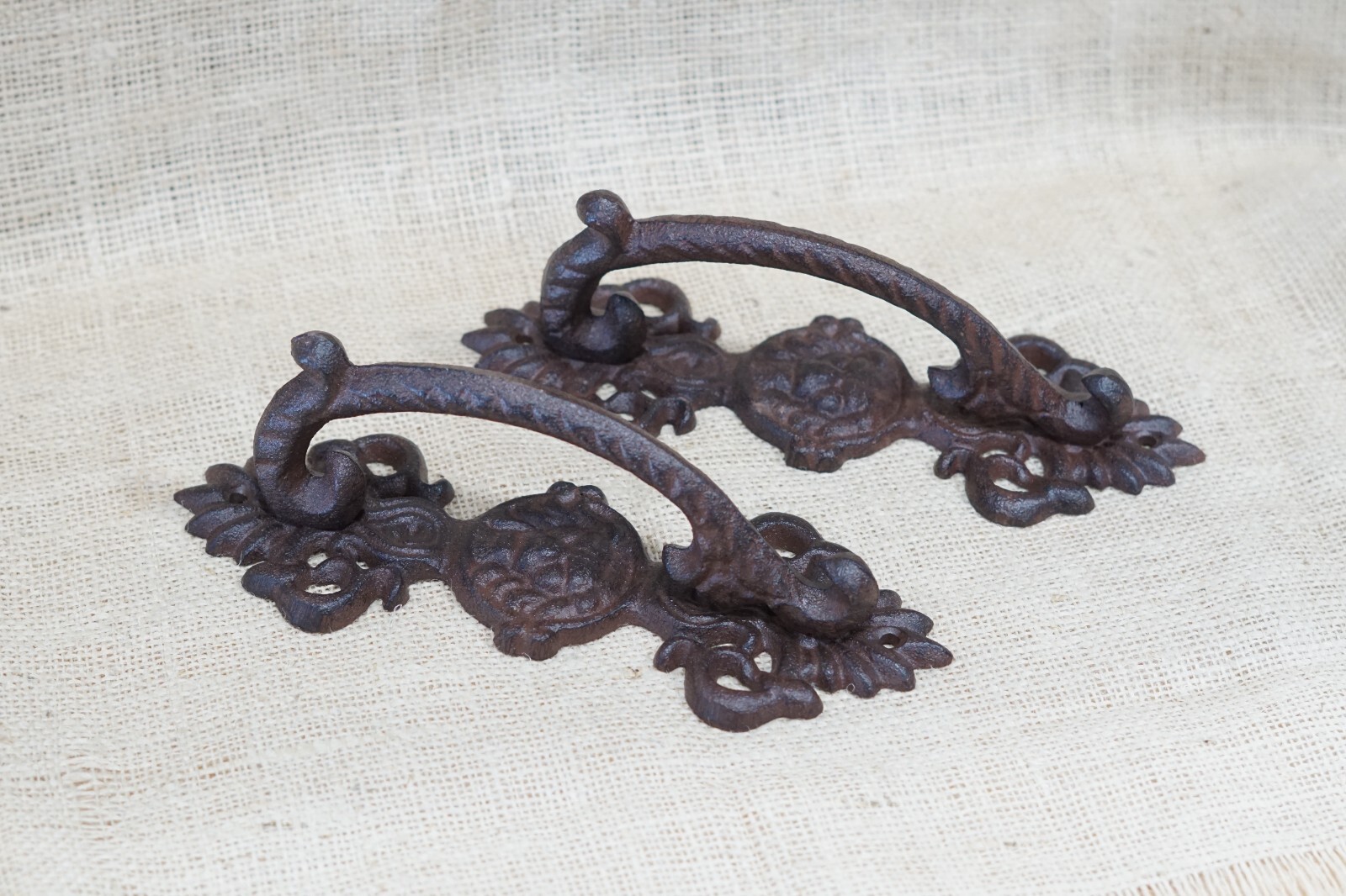 2 LARGE HANDLES RUSTIC CAST IRON BARN DOOR HANDLES SHED GATE PULLS FANCY 8 1/2"