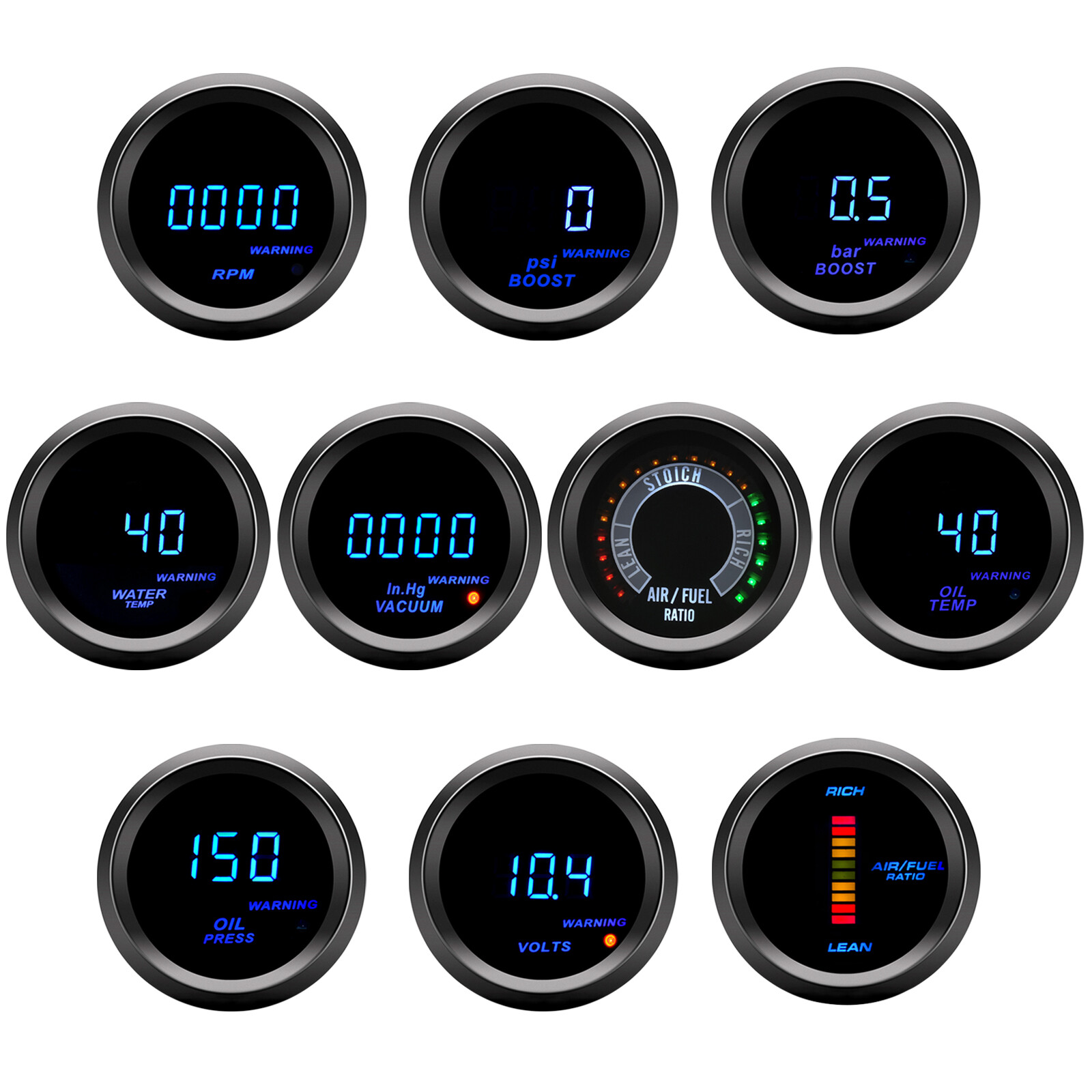 2" 52mm Digital Turbo Boost Water Temp Oil Temp Oil Press Tachometer Volt Gauge
