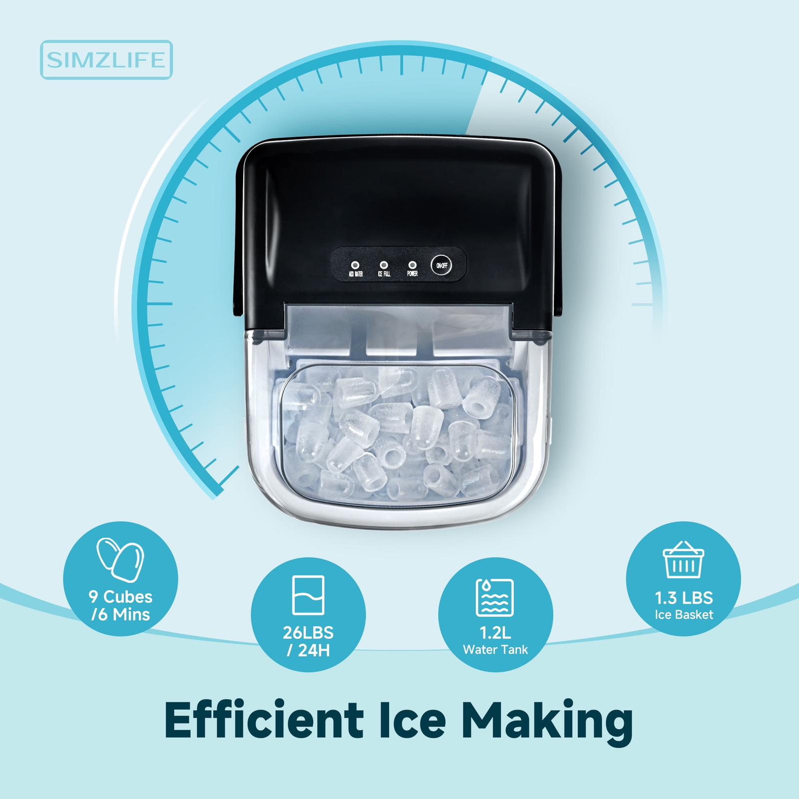 Countertop Ice Maker Machine, 9 Bullet Ice in 6 Min, Self-Cleaning, 26 lbs/Day