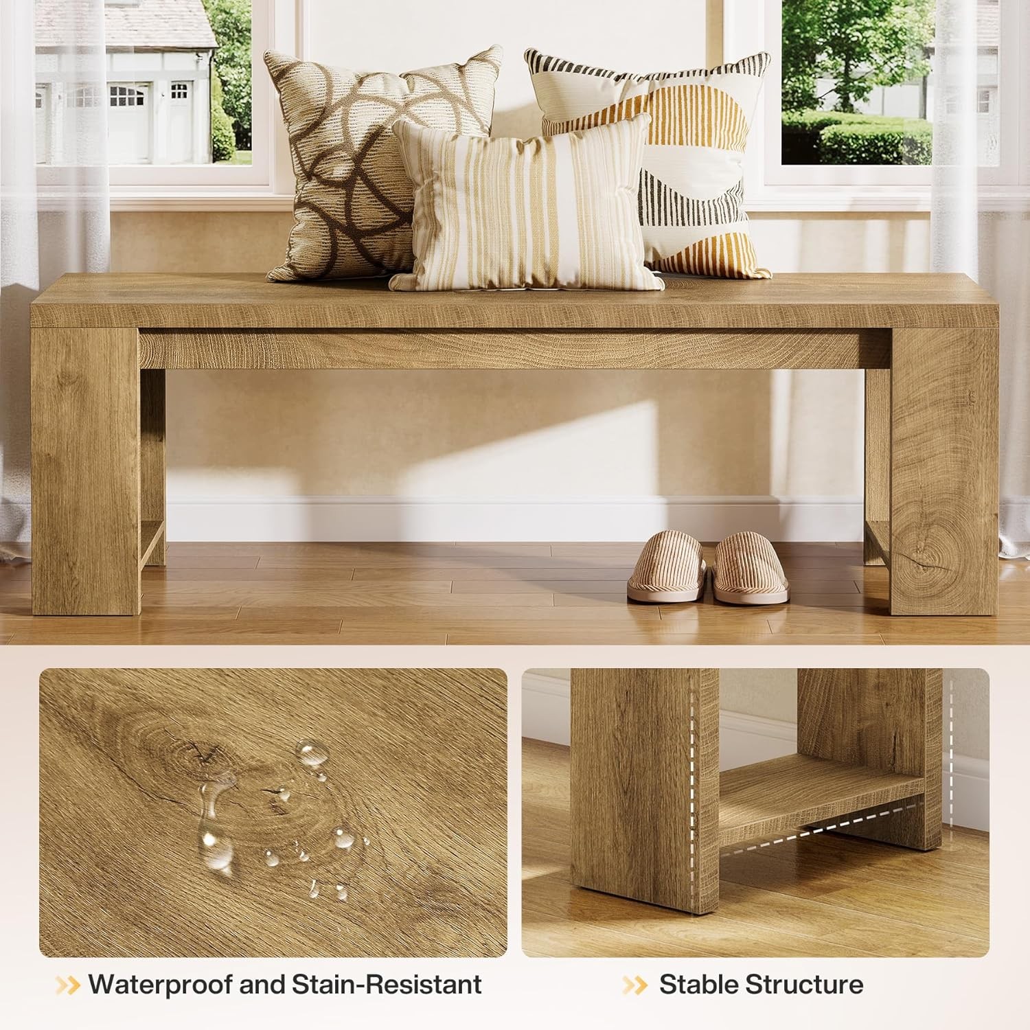 47.2-Inch Wooden Entryway Bench, Modern Farmhouse Shoe Bench for Hallway, Foyer