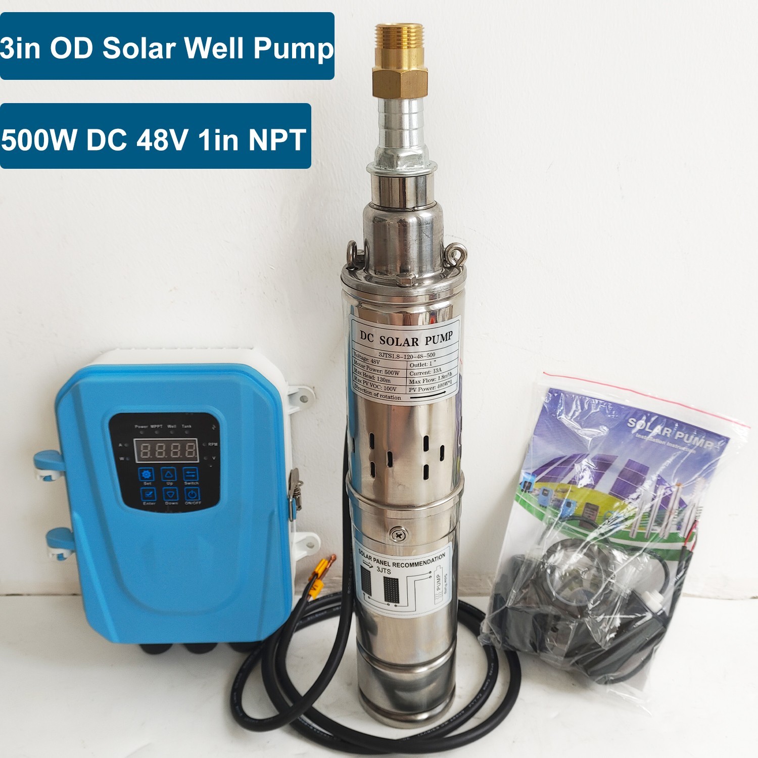 500W DC 48V 3" Solar Pump Submersible Pump Bore Deep Well Pump + MPPT Controller