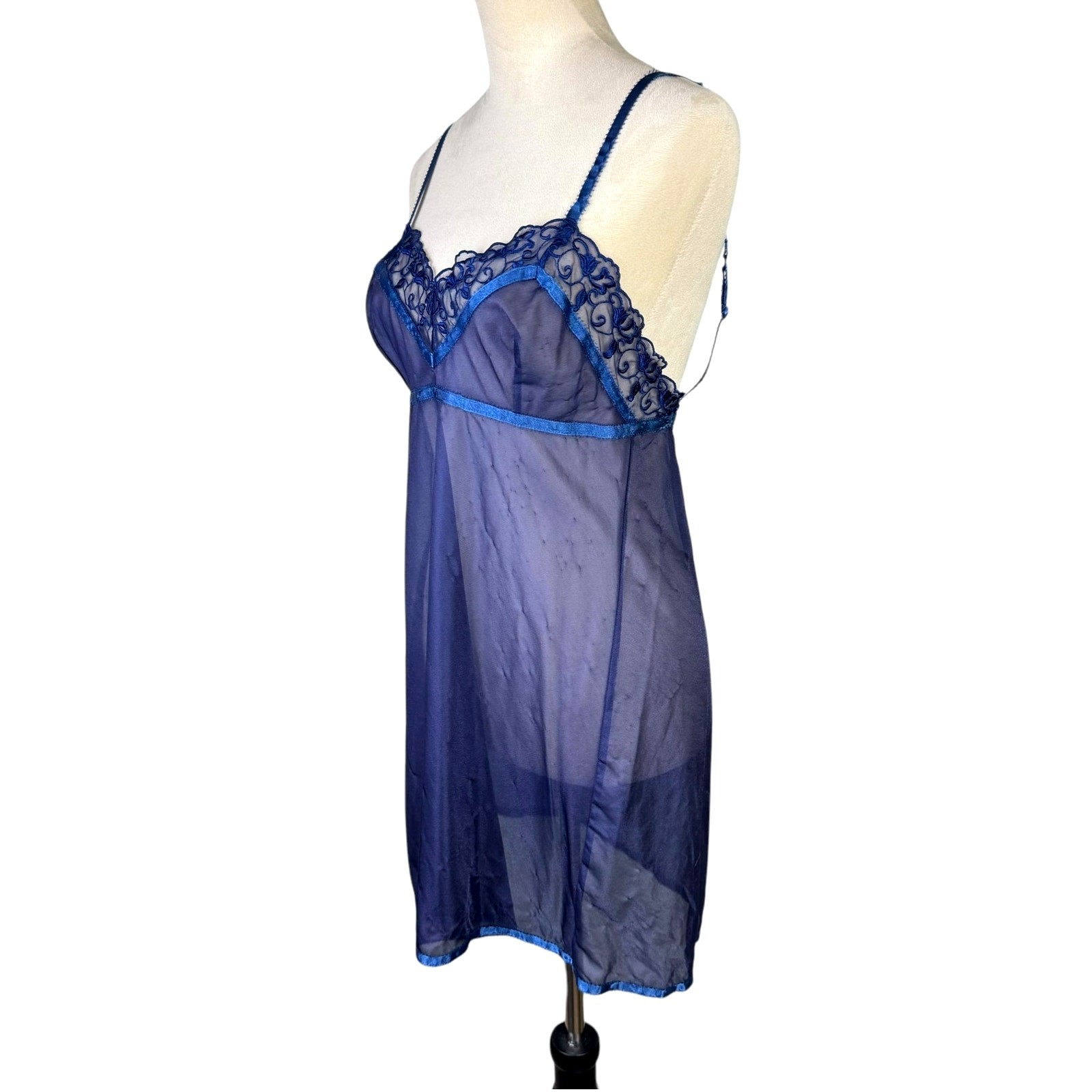 Victorias Secret M Blue Sheer Floral Embroidered Ribbon Trim Lacy Lingerie Top