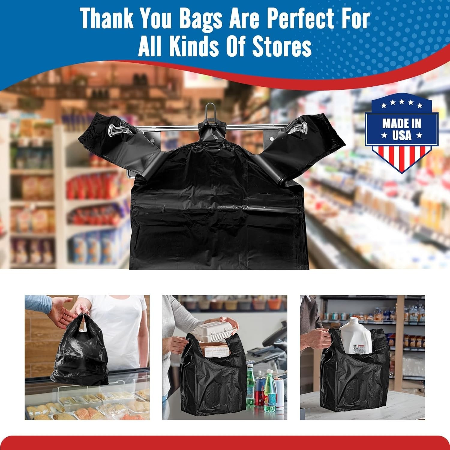 1000 Black T-Shirt Bags 1/6 12" x 6.5" x 21", Plastic Grocery Shopping Bags