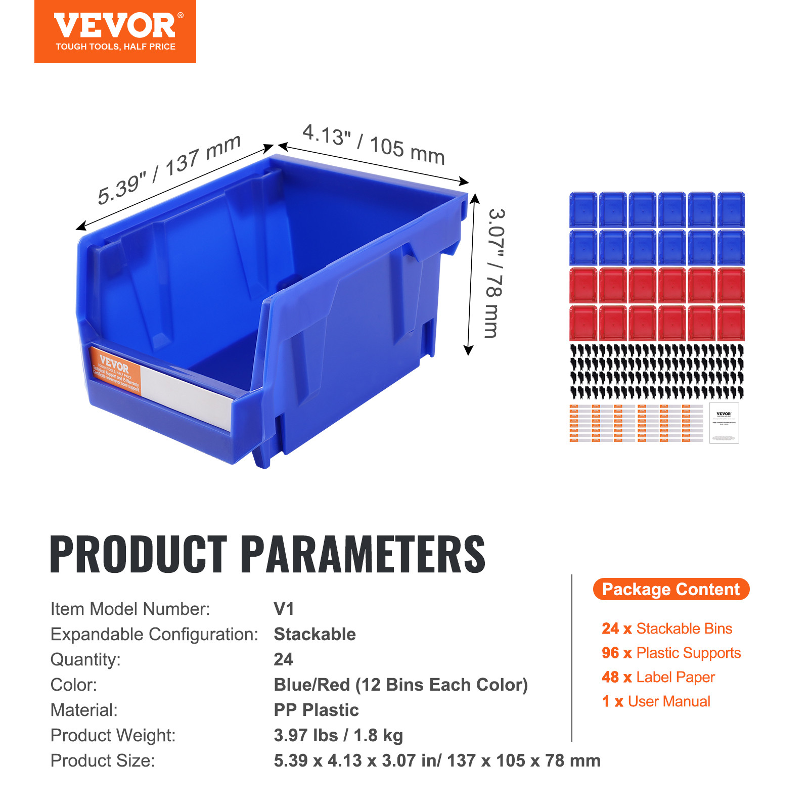 VEVOR Hanging Stackable Storage Bin Plastic Organizer Garage Box 24 PCS Blue/Red