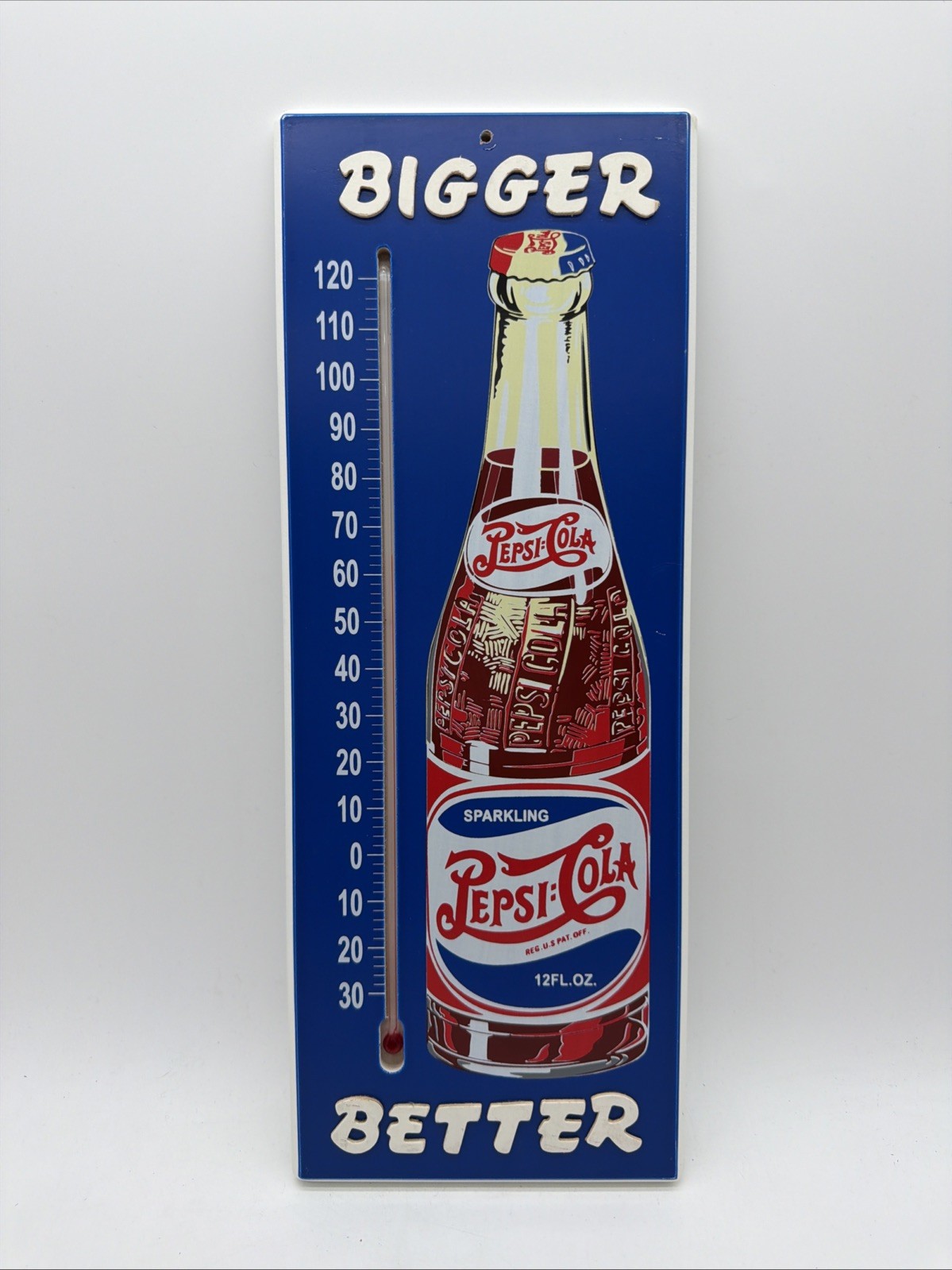VINTAGE LOOK  PEPSI COLA BIGGE BETTER Wooden THERMOMETER SIGN 16" X 6"