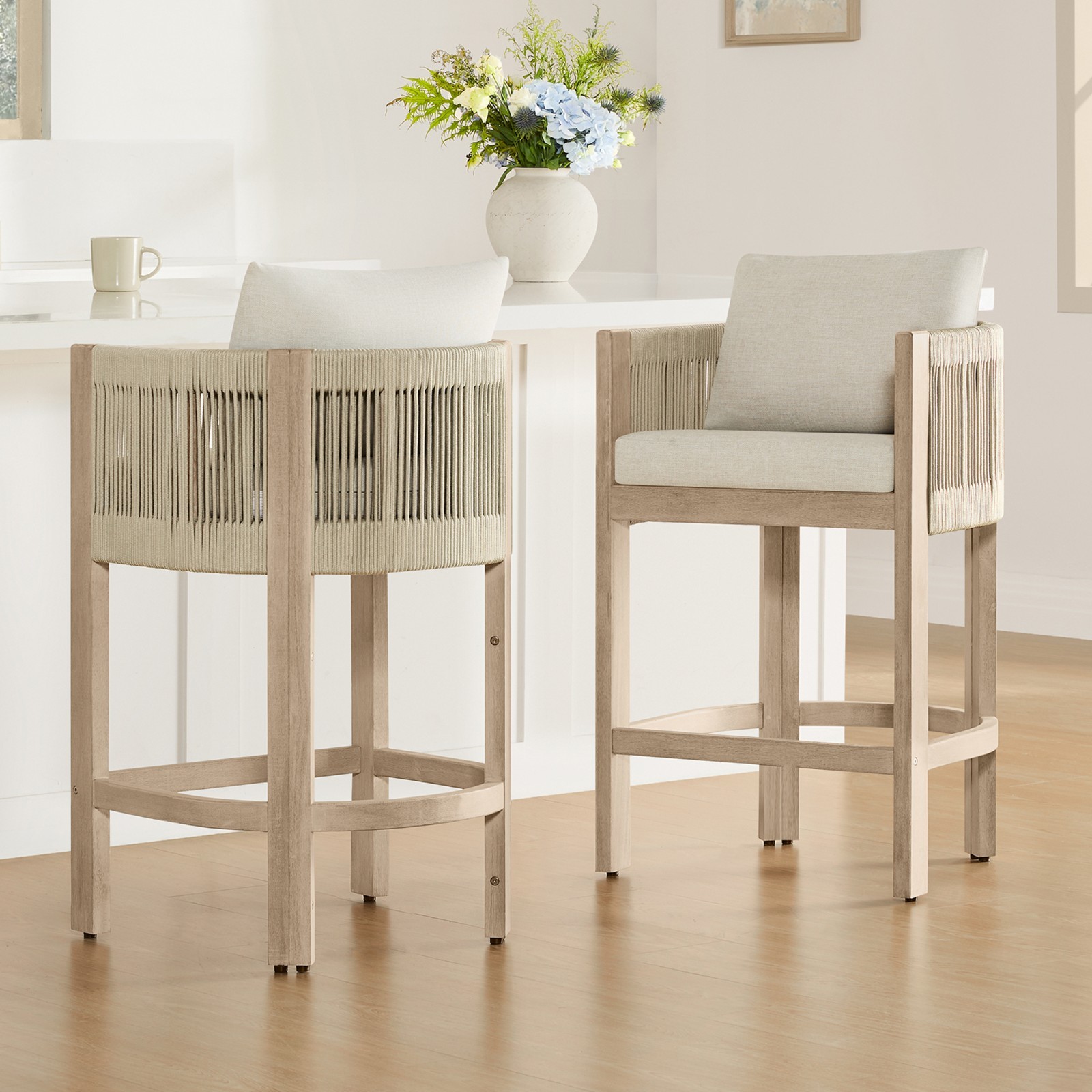 CHITA Cord Braid Barstools Set of 2,Modern Outdoor Woven Rope Counter Stools