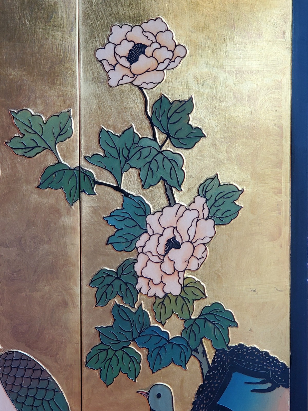 Gold Lacquered Chinese Screen 1960s Excellent Lotus Cranes Doves Flowers !