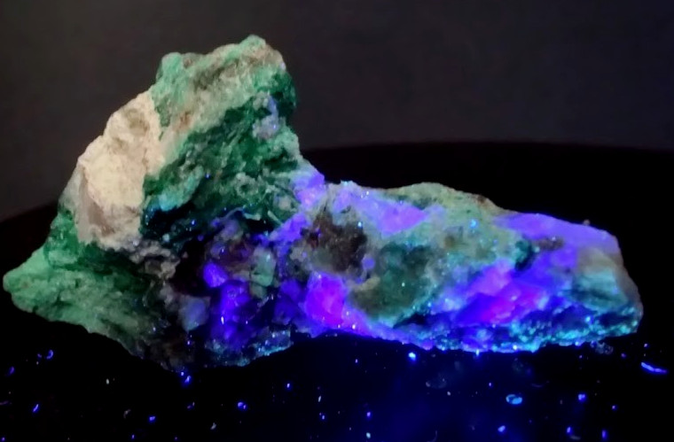 Green Fibrous Malachite w/ Pale Bluish UV Fluorite Mineral Specimen - Somers CT