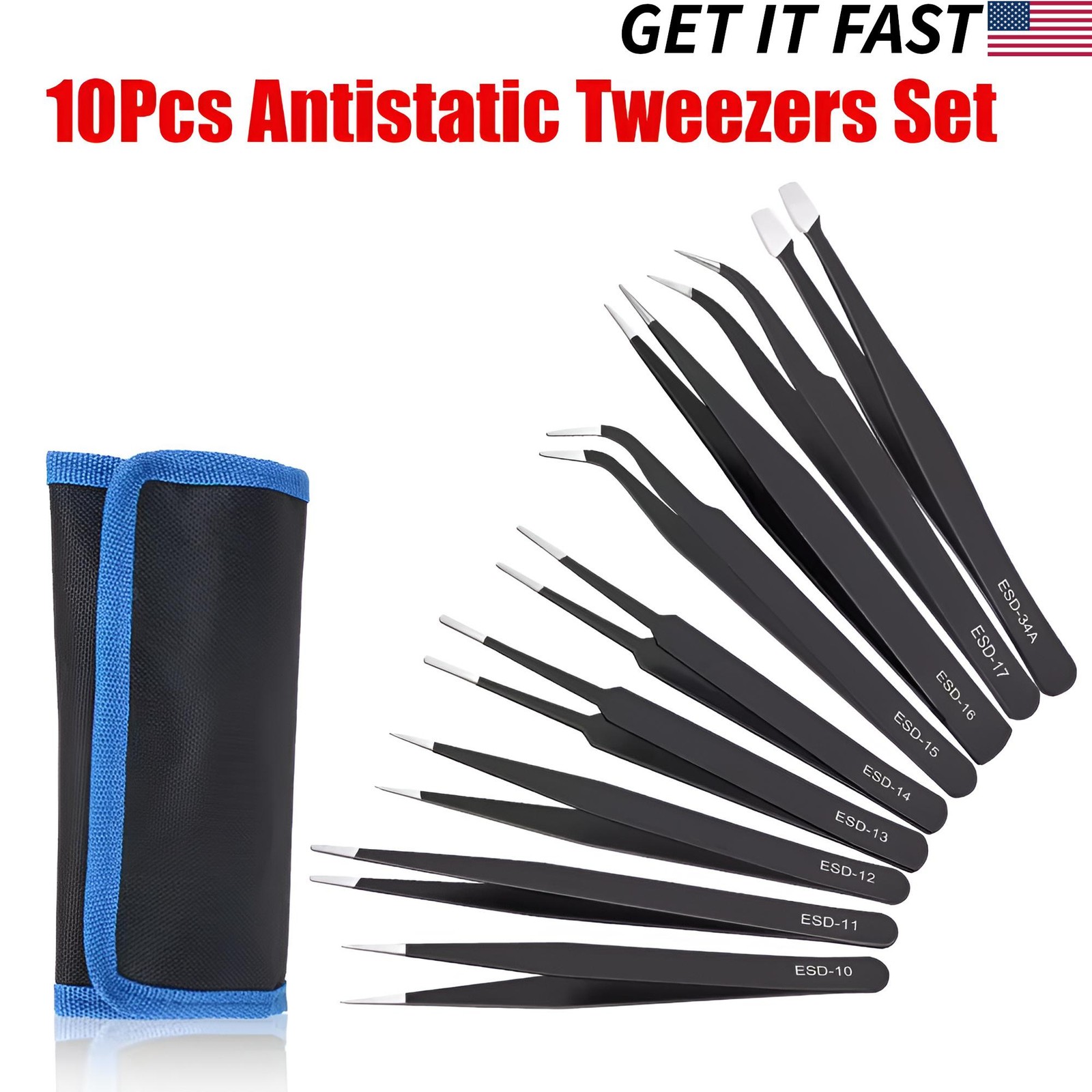 10pc ESD Tweezers Precision Set Stainless Steel For Electronics & Jewelry Repair
