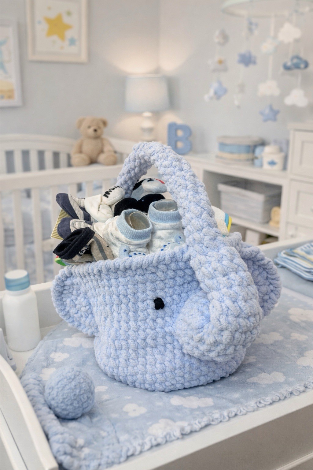 Baby Boy Newborn Gift Handmade Crochet Basket 23pc Set Bibs Socks Swaddles
