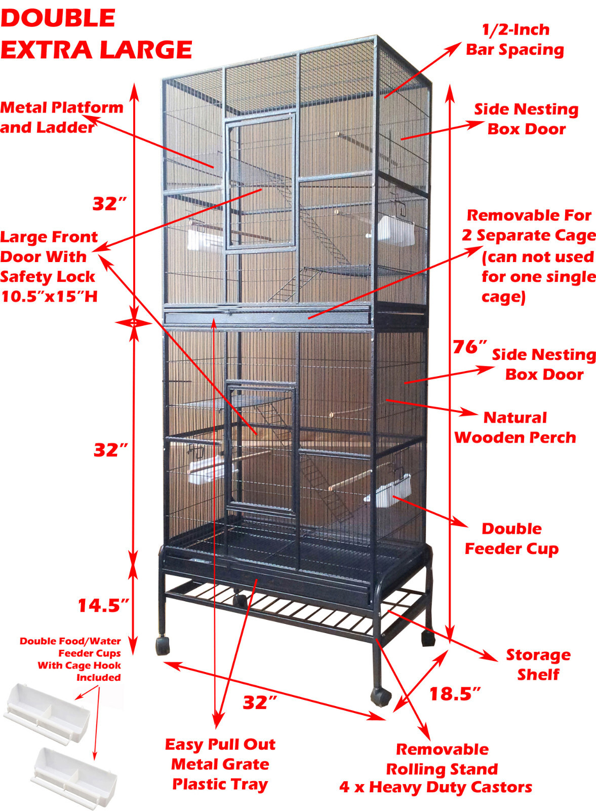 X-LARGE Double Stacker Bird Cockatiel Sugar Glider Cockatiel Flight Breeder Cage