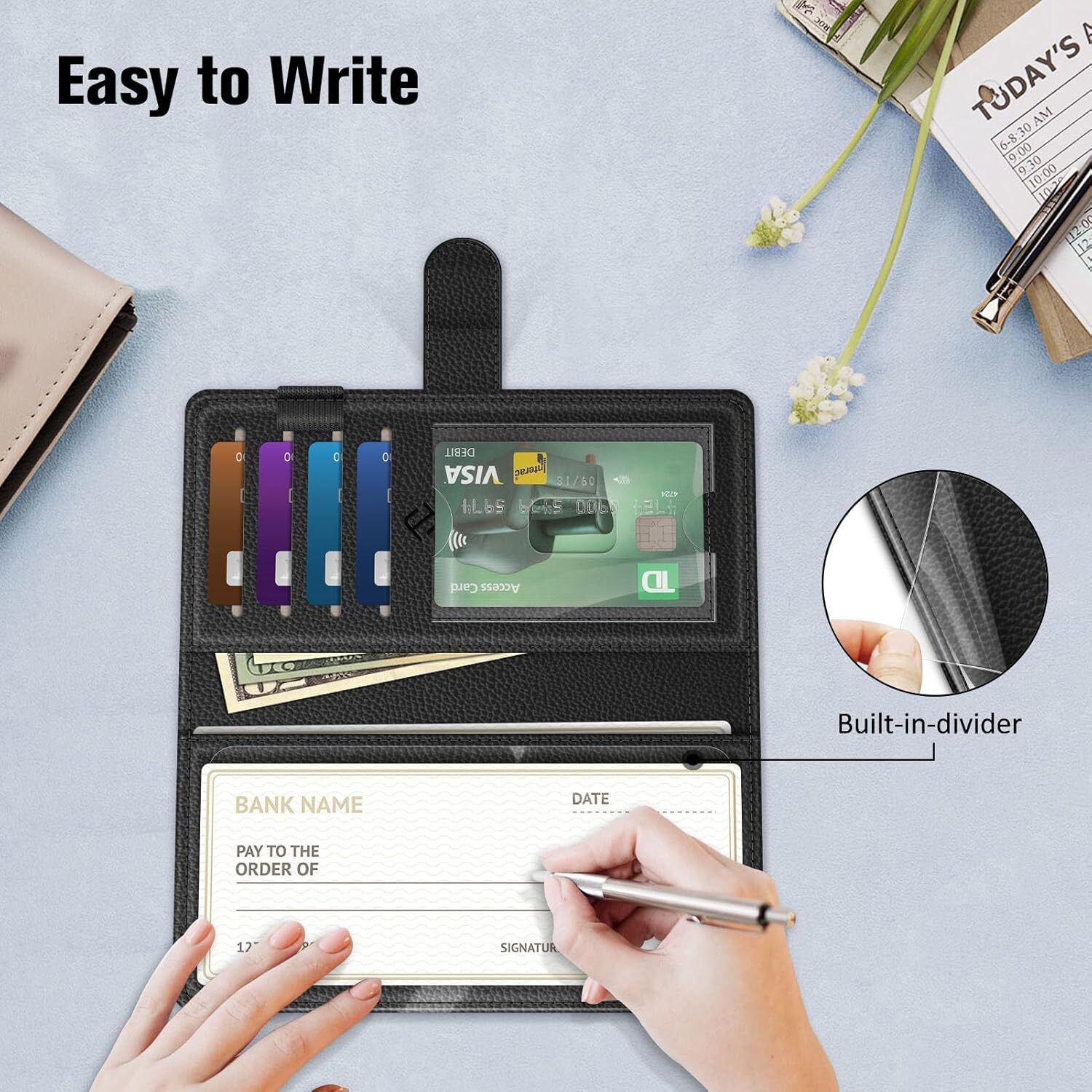 Checkbook Cover RFID Blocking Standard Register Duplicate Checks with Pen Holder