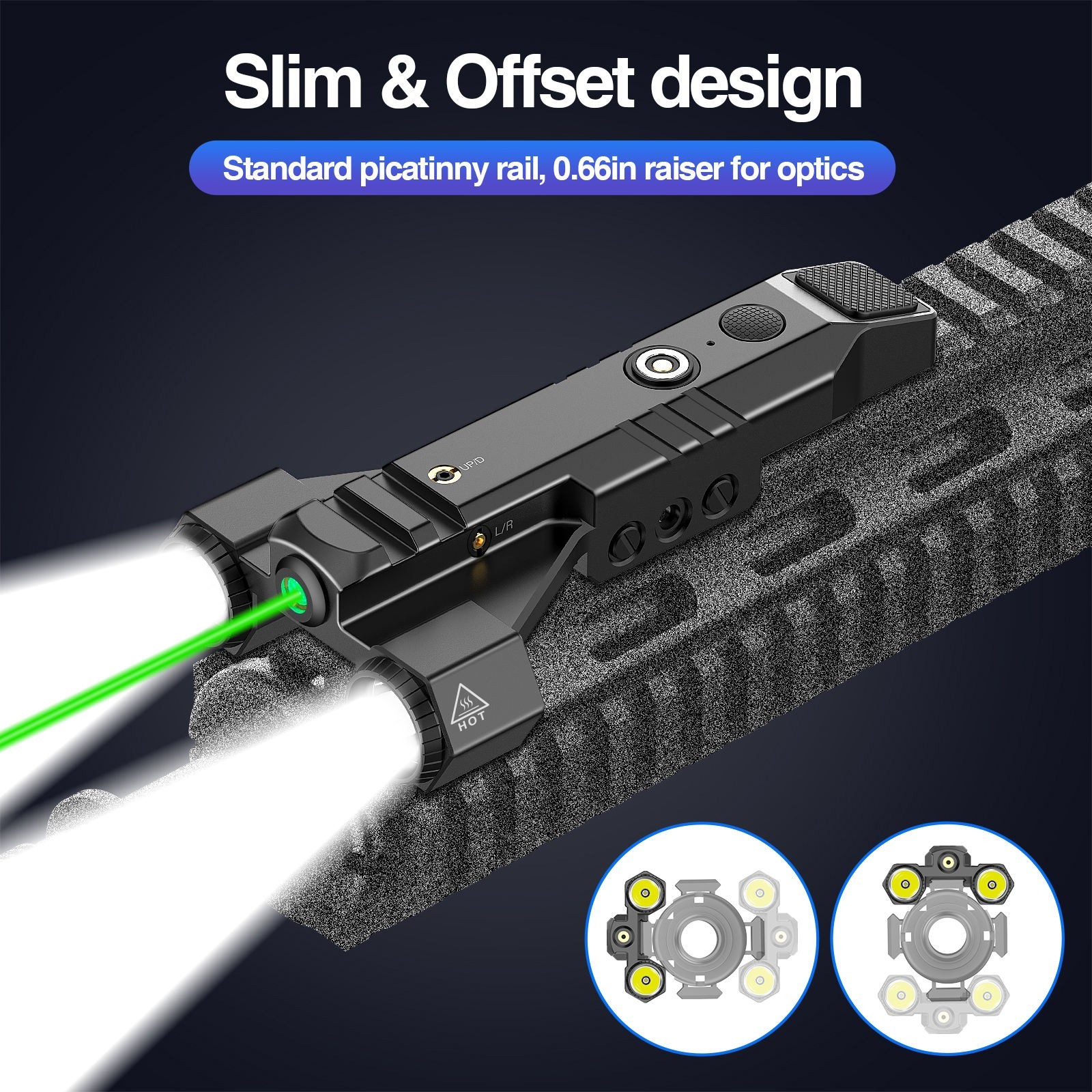 1450 Lumen Tactical Flashlight with Green Laser Beam Combo Low Profile Design