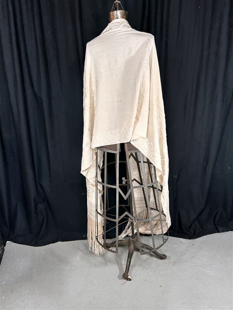 antique silk shawl embroidered white large 26x90 fringe 16 in. original 1800