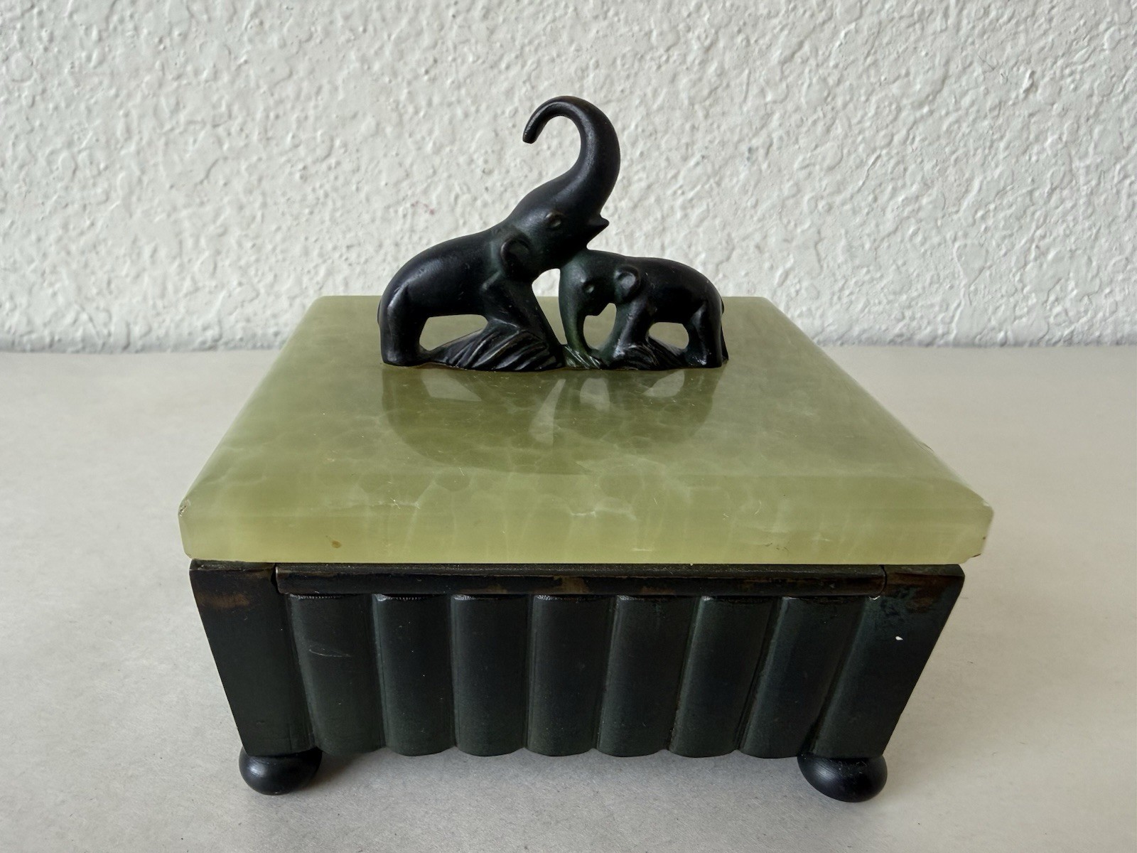 Antique Vtg Trinket Jewelry Box Green Onyx Austria Elephant Sculpture Art Deco