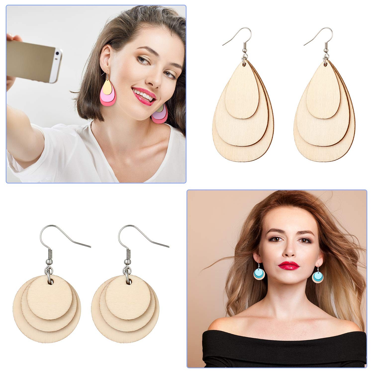 240 Pcs Wooden Earring Blanks Kit Teardrop Wood Pendants with Hooks & Jump Rings