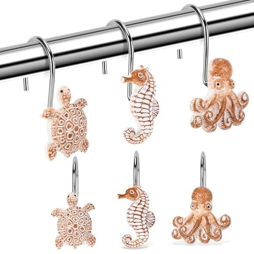 Seashell Shower Curtain Hooks, 12Pcs Decorative Anti Turtle Starfish Octopus