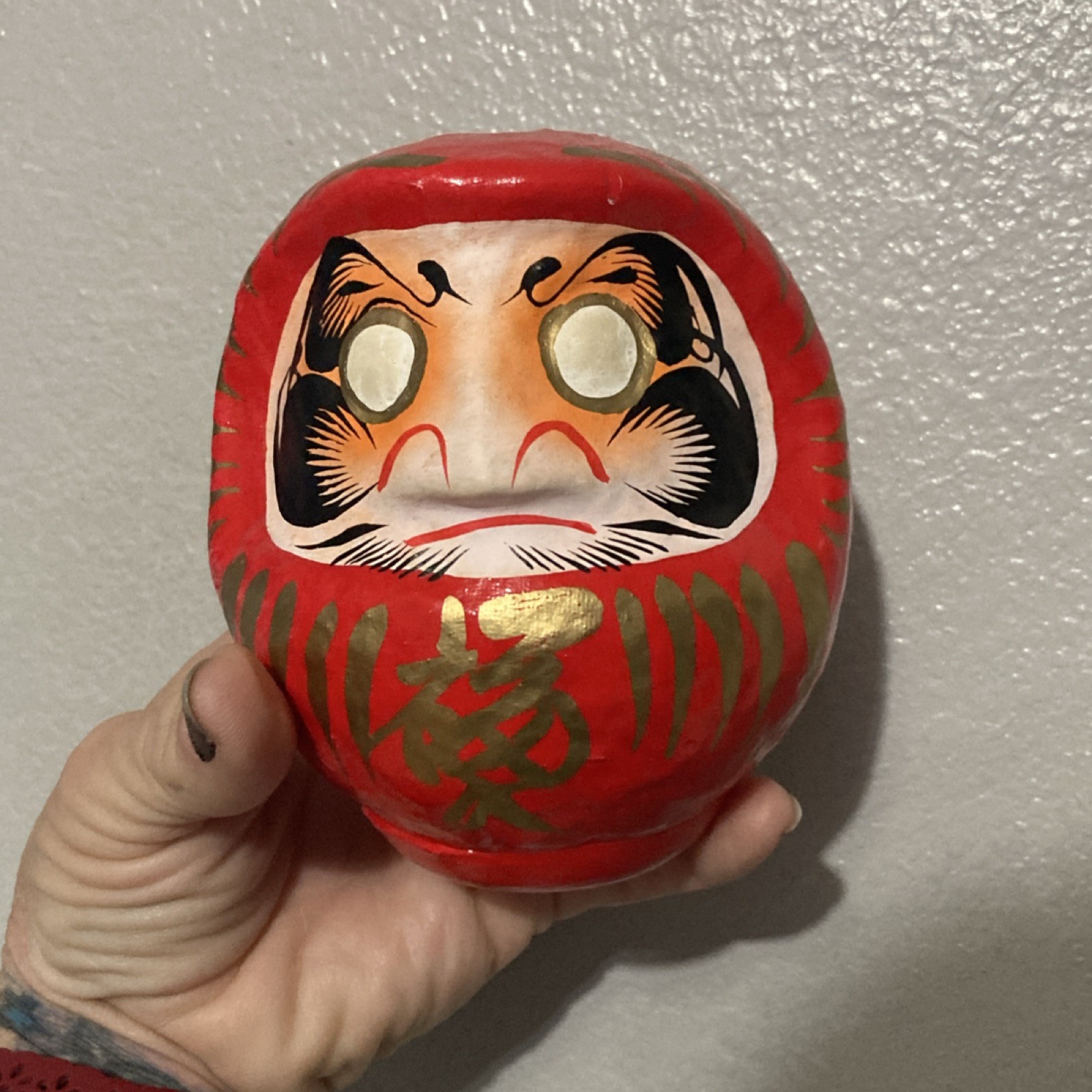 Vintage Red Daruma Doll Japanese Good Luck Wish Doll Hand Painted Feng Shui Deco