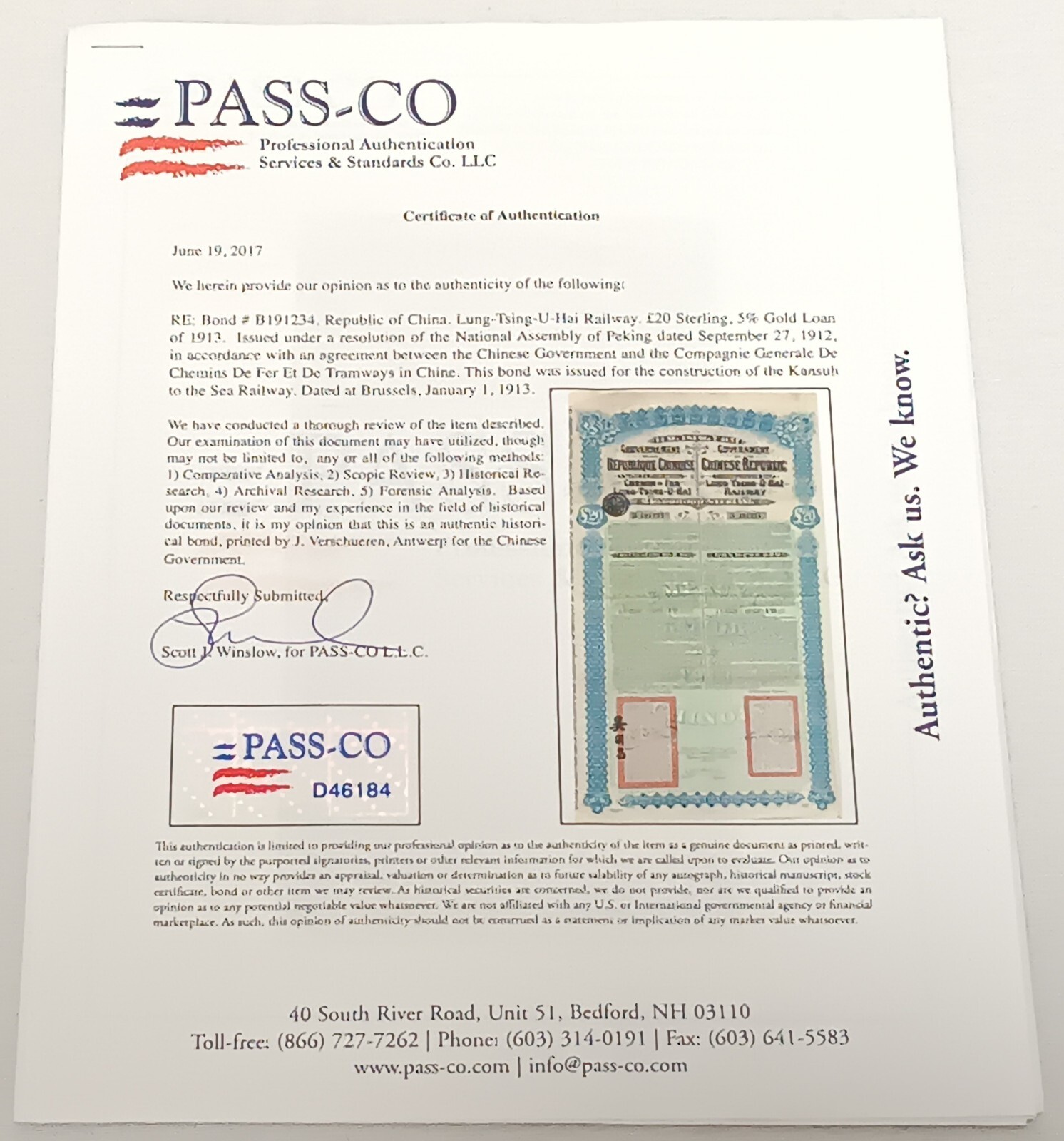 China 1913 Lung-Tsing-U-Hai Railway Bond Super Petchili Gold Loan w/ PASS-CO COA